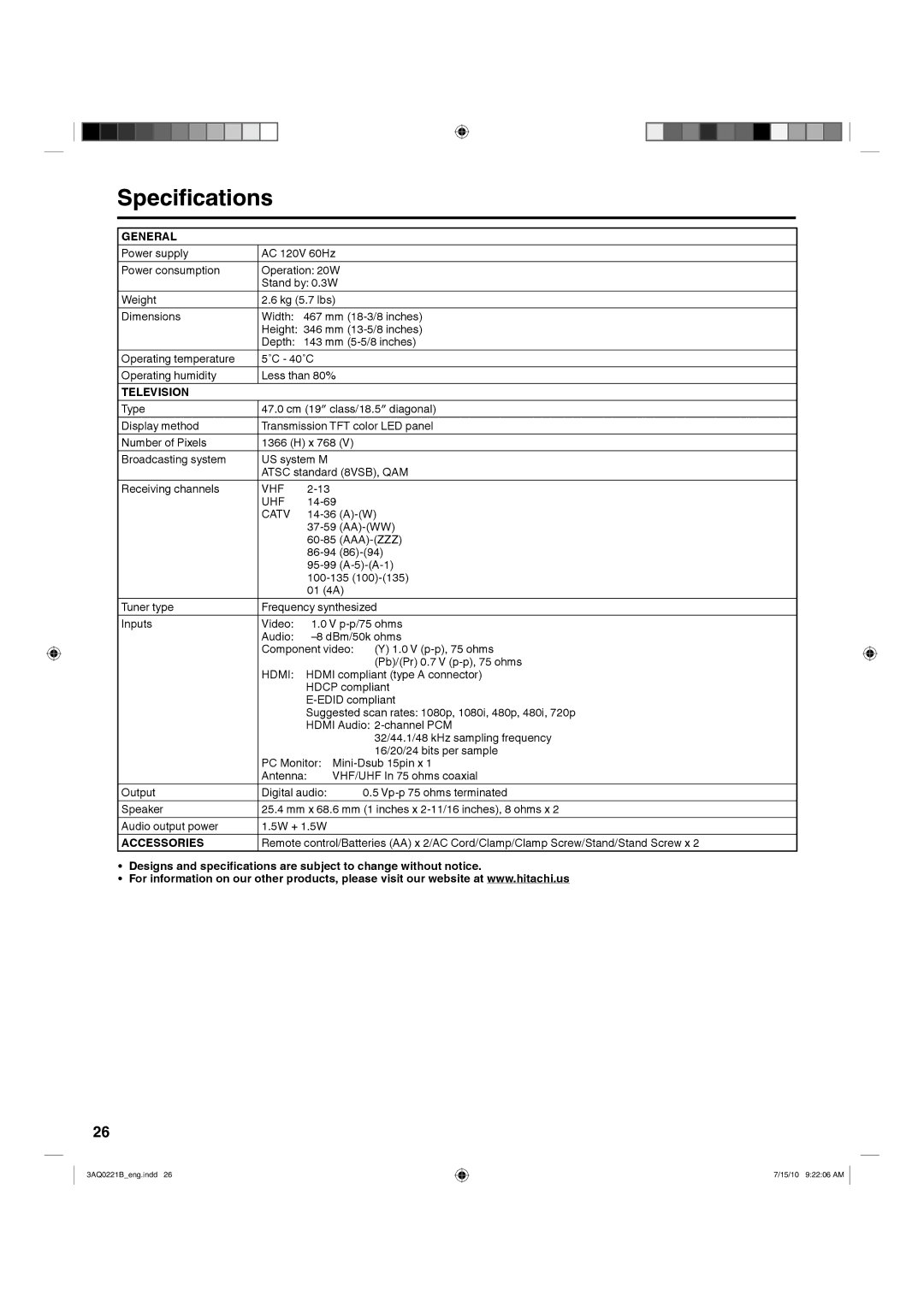 Hitachi LE19S314 important safety instructions Specifications, General, Television, Accessories 