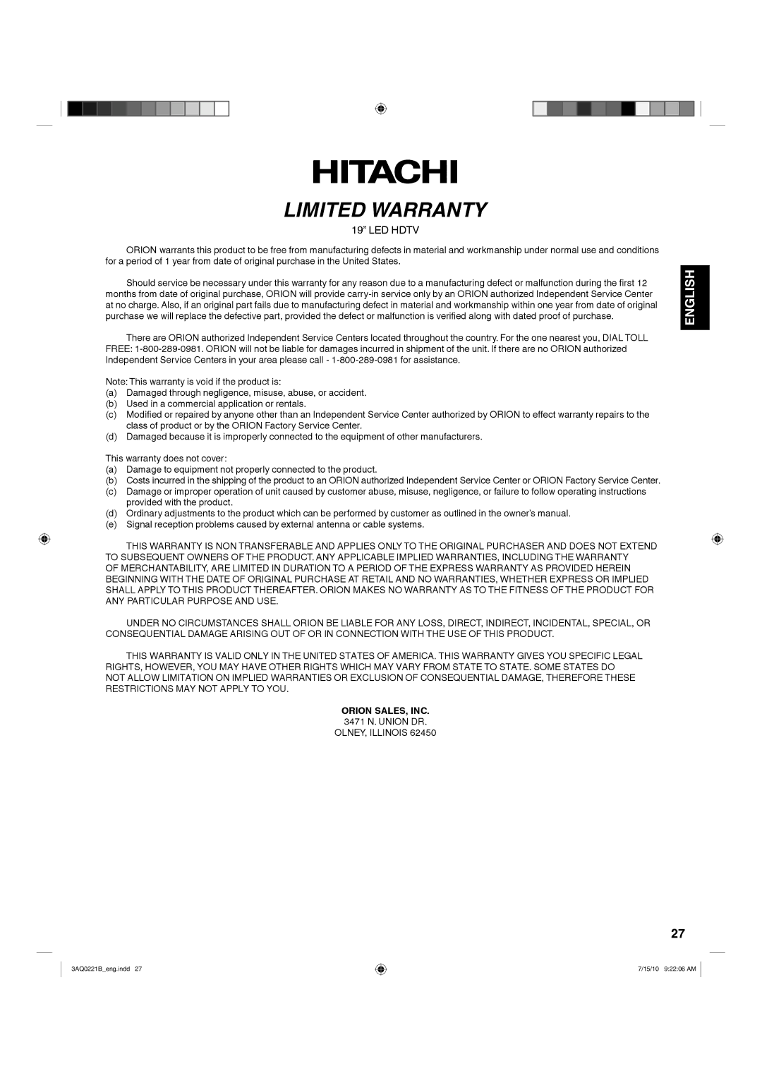 Hitachi LE19S314 important safety instructions Orion SALES, INC, 3471 N. Union DR 