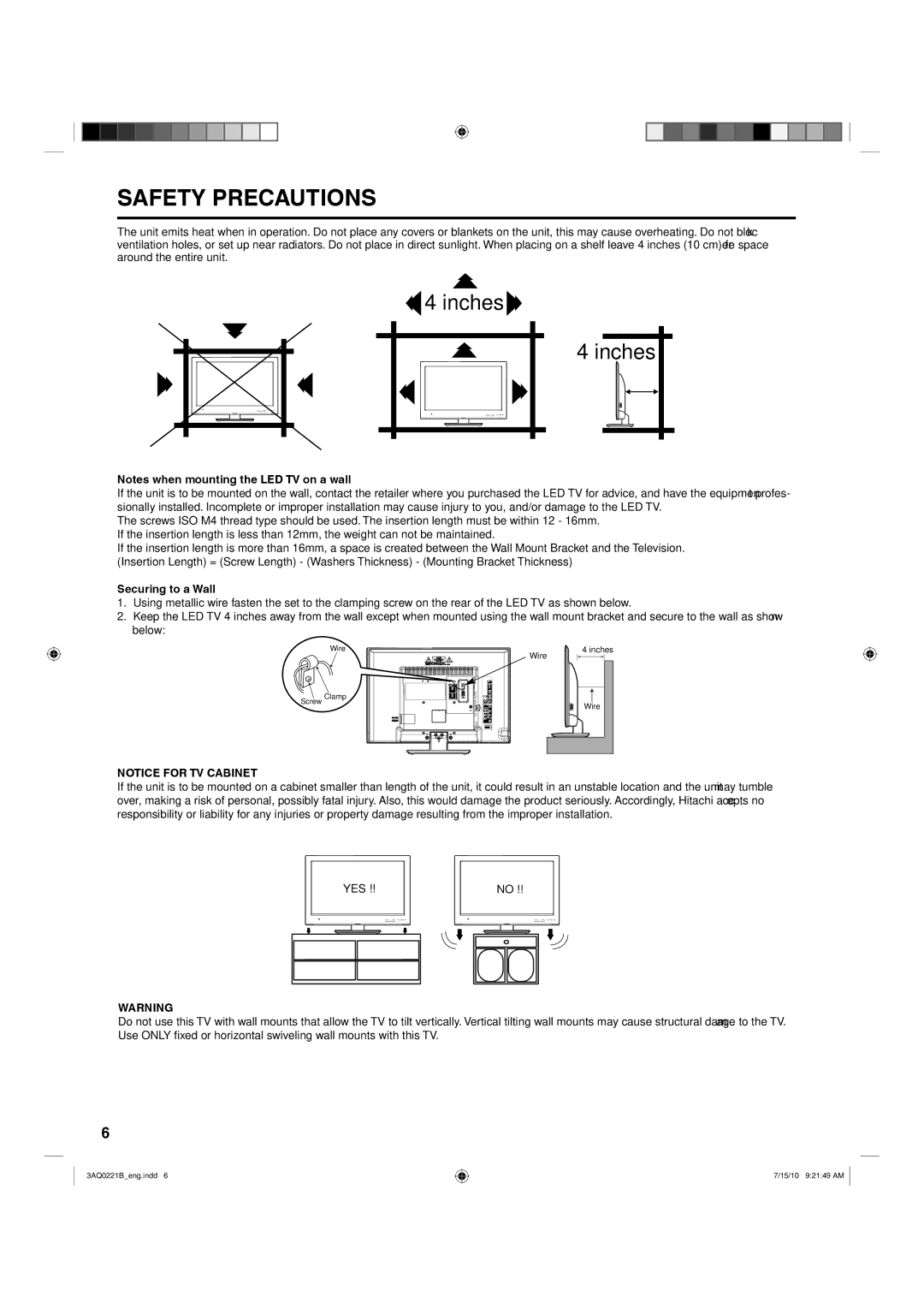 Hitachi LE19S314 important safety instructions Safety Precautions, Securing to a Wall 