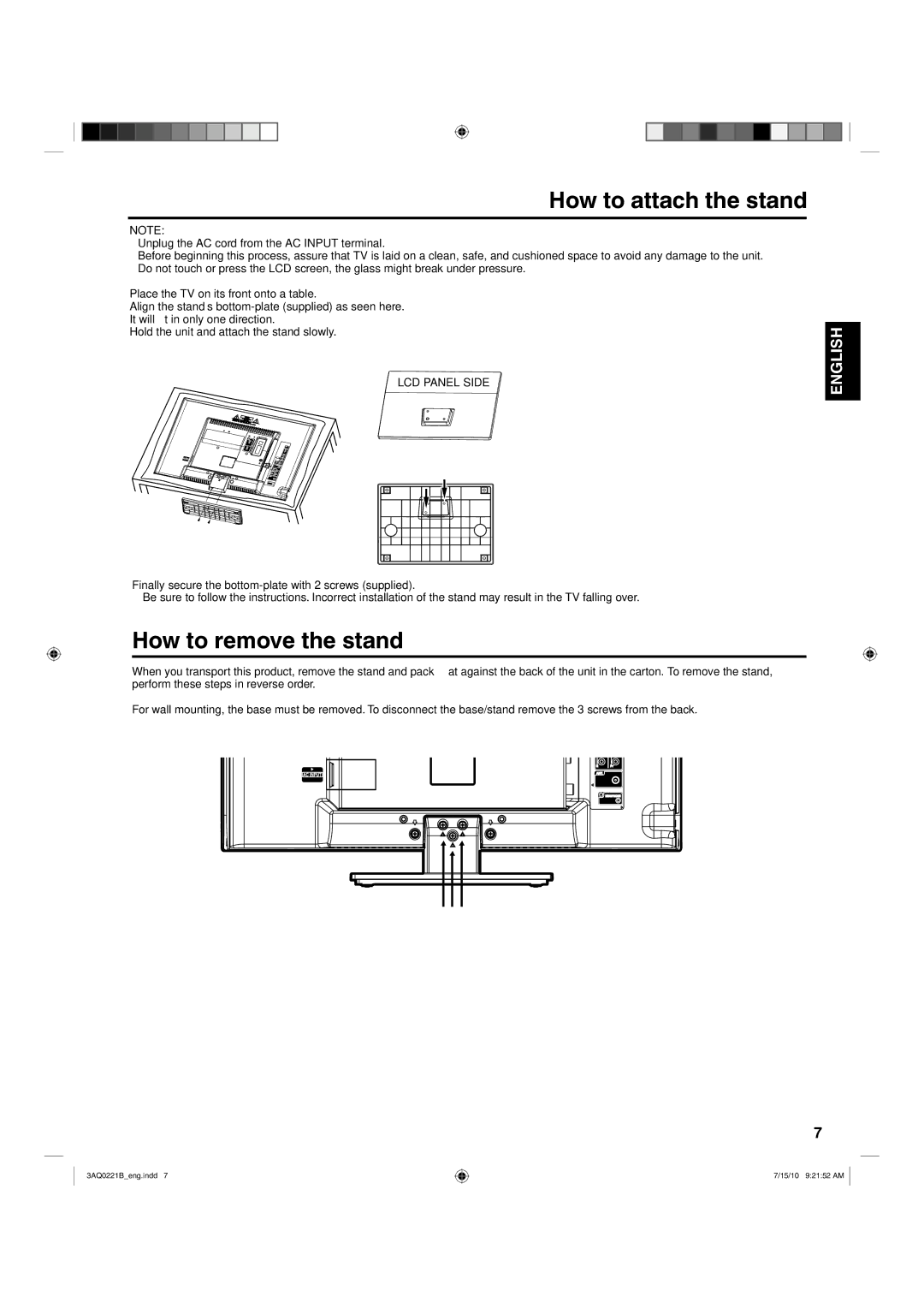 Hitachi LE19S314 important safety instructions How to attach the stand, How to remove the stand 