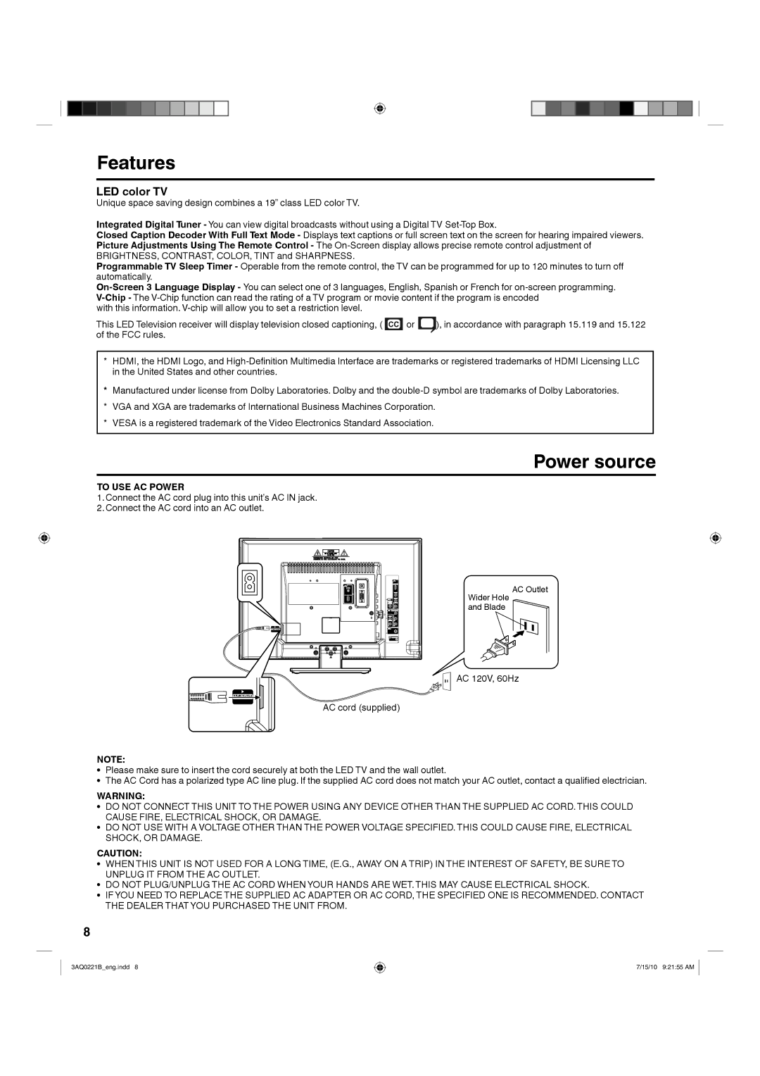 Hitachi LE19S314 important safety instructions Features, Power source, To USE AC Power 