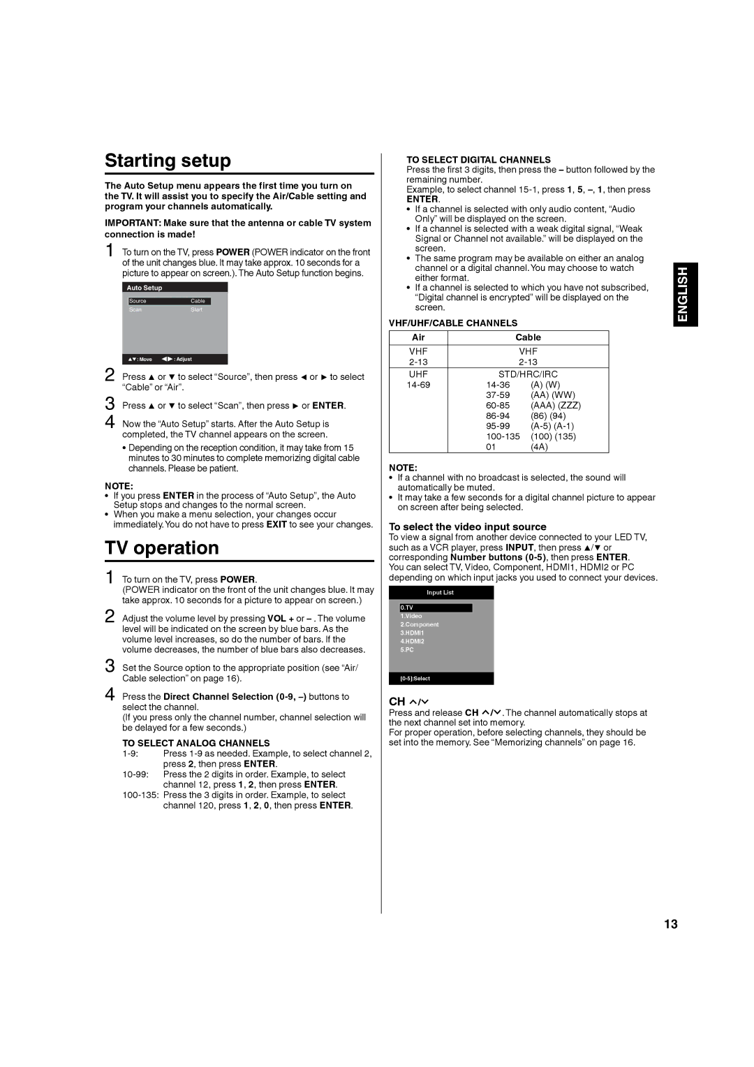 Hitachi LE22S314 manual To select the video input source, To Select Analog Channels, To Select Digital Channels, Enter 