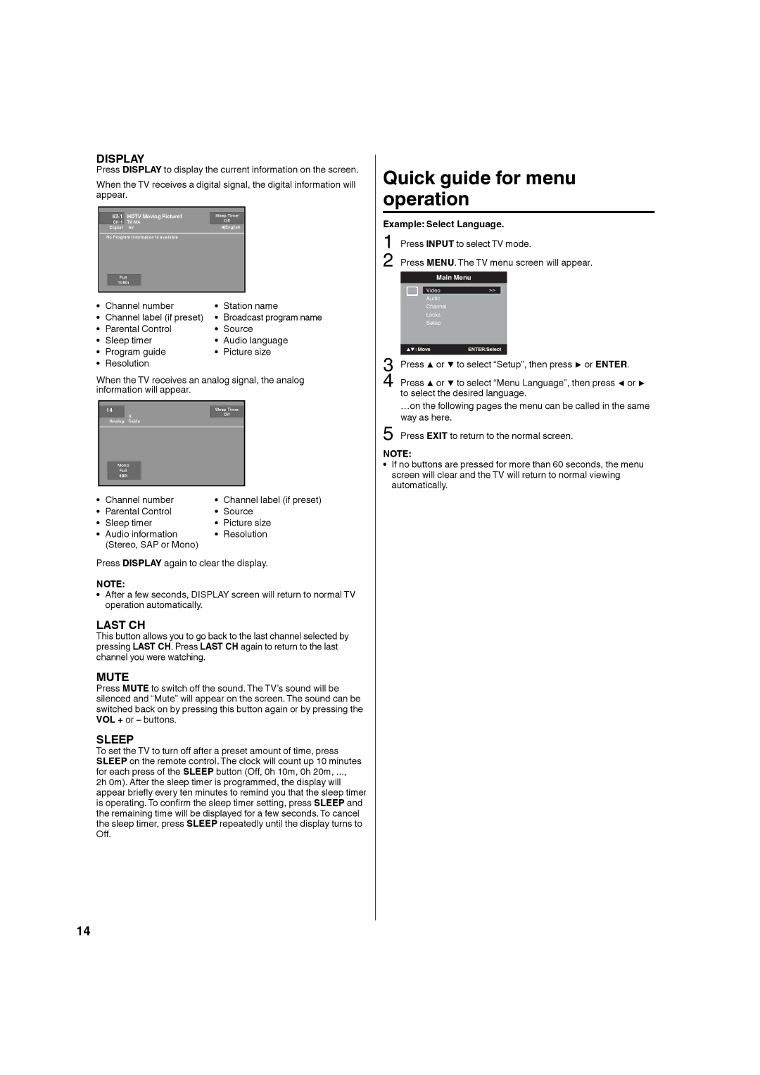 Hitachi LE22S314 manual Quick guide for menu operation, Example Select Language 