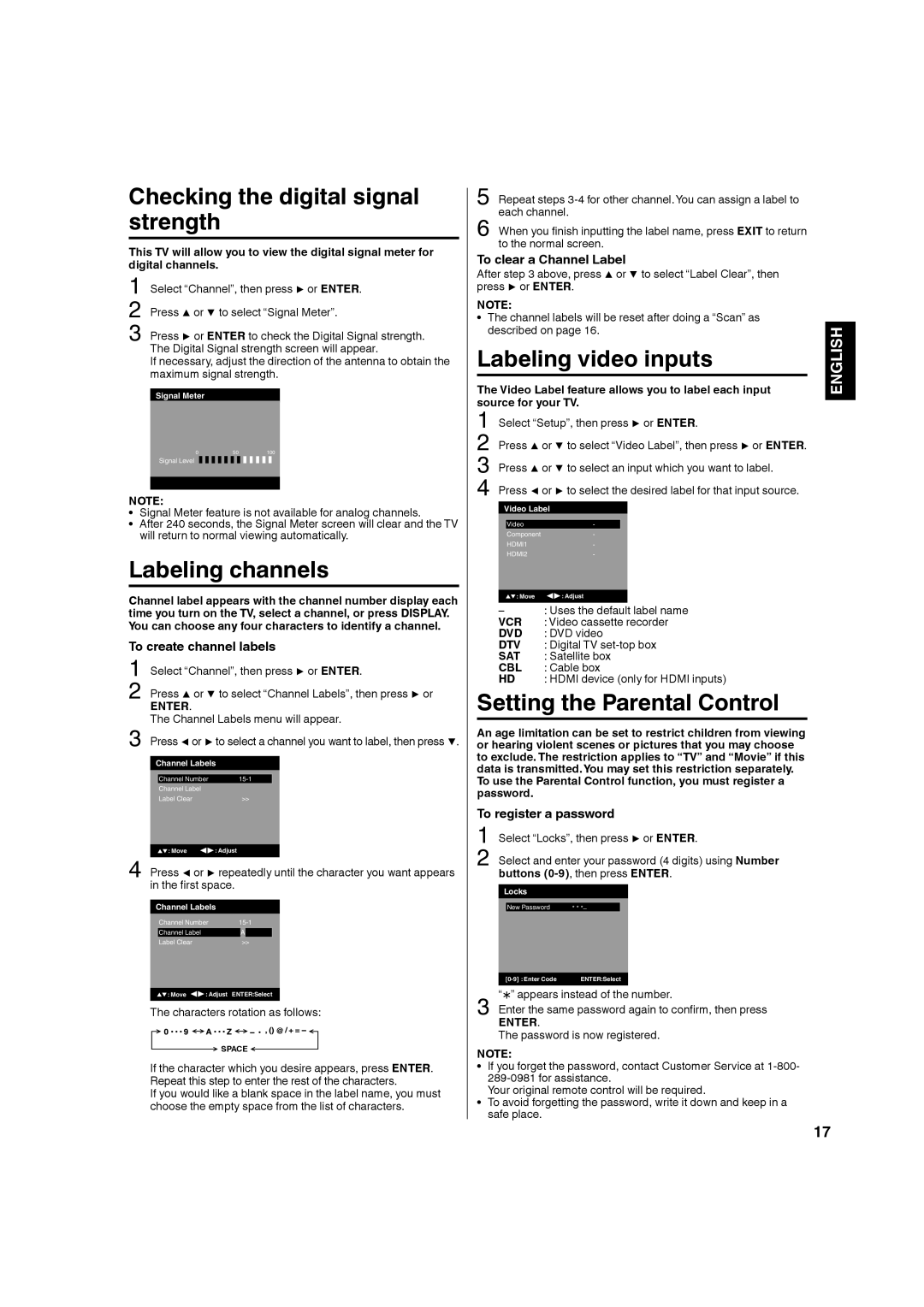 Hitachi LE22S314 manual Checking the digital signal strength, Labeling channels, Labeling video inputs 