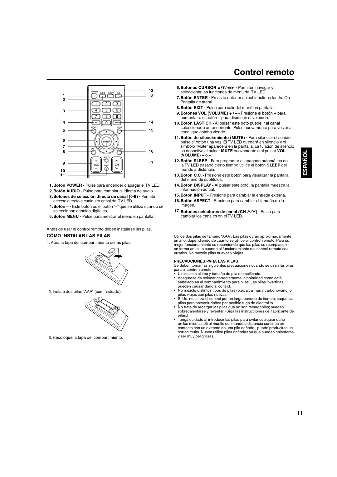 Hitachi LE22S314 manual Control remoto, Cómo Instalar LAS Pilas 