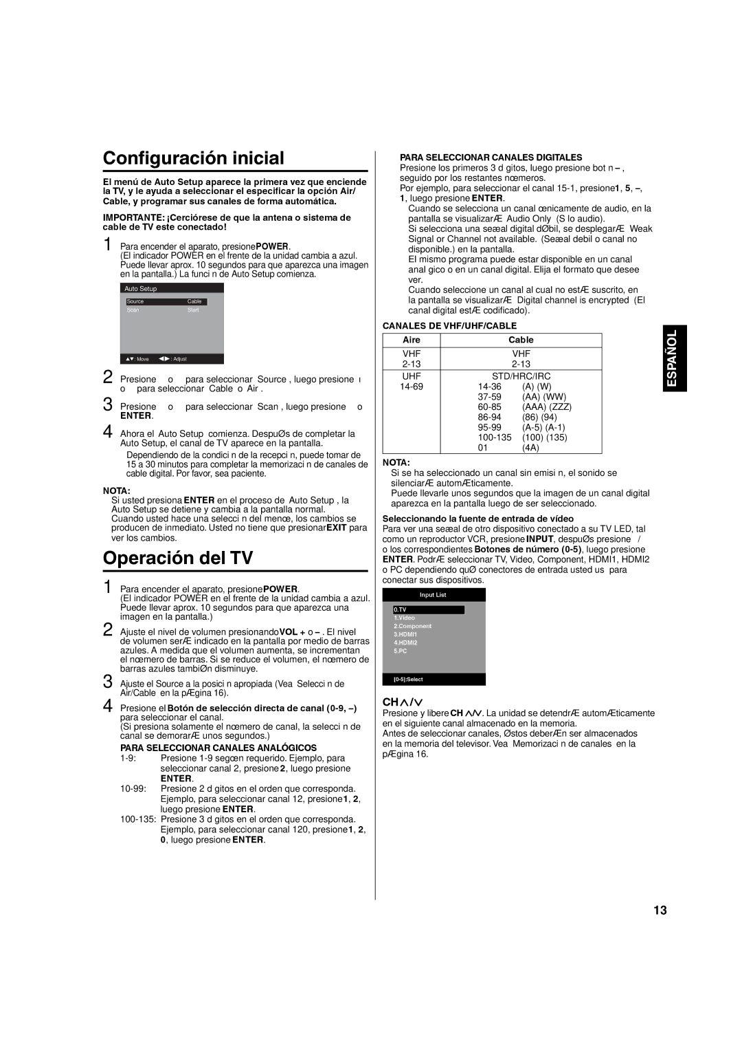 Hitachi LE22S314 manual Para Seleccionar Canales Analógicos, Para Seleccionar Canales Digitales, Canales DE VHF/UHF/CABLE 