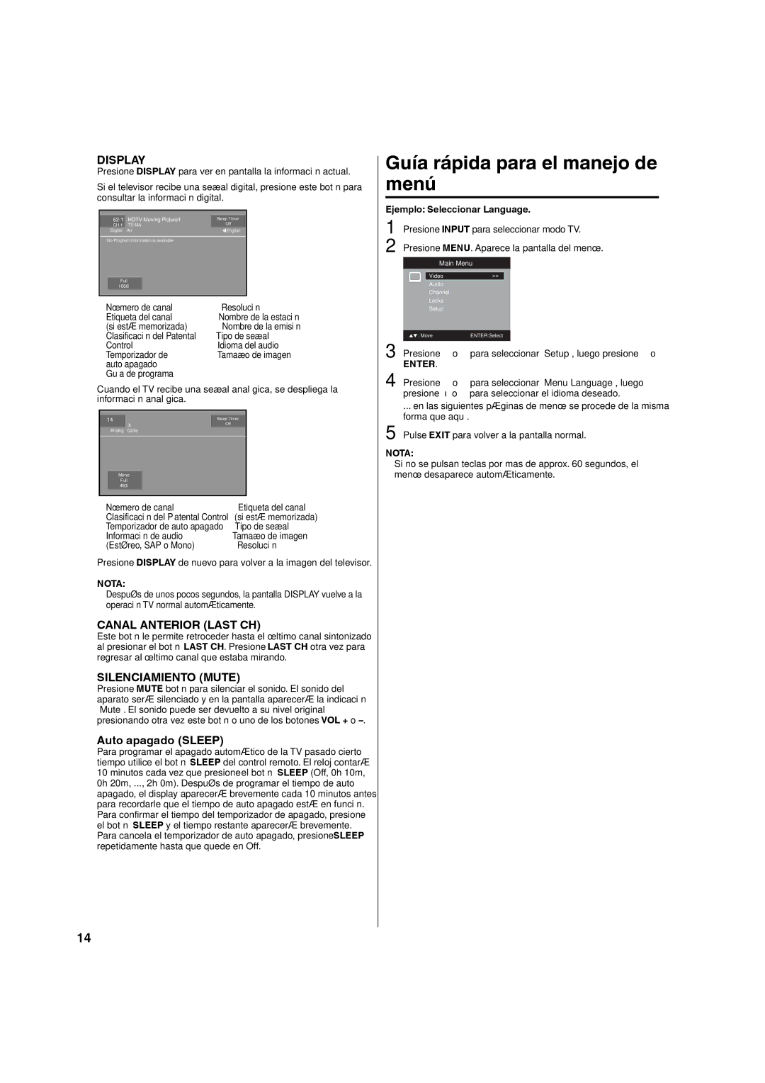 Hitachi LE22S314 manual Guía rápida para el manejo de menú, Ejemplo Seleccionar Language 