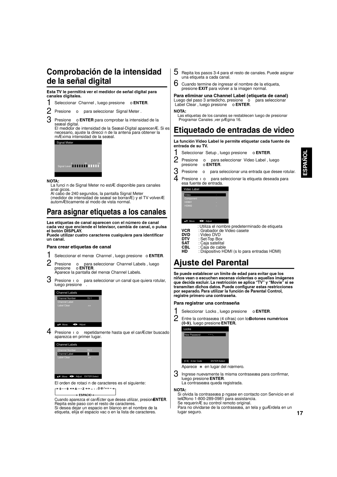 Hitachi LE22S314 Comprobación de la intensidad de la señal digital, Ajuste del Parental, Para crear etiquetas de canal 