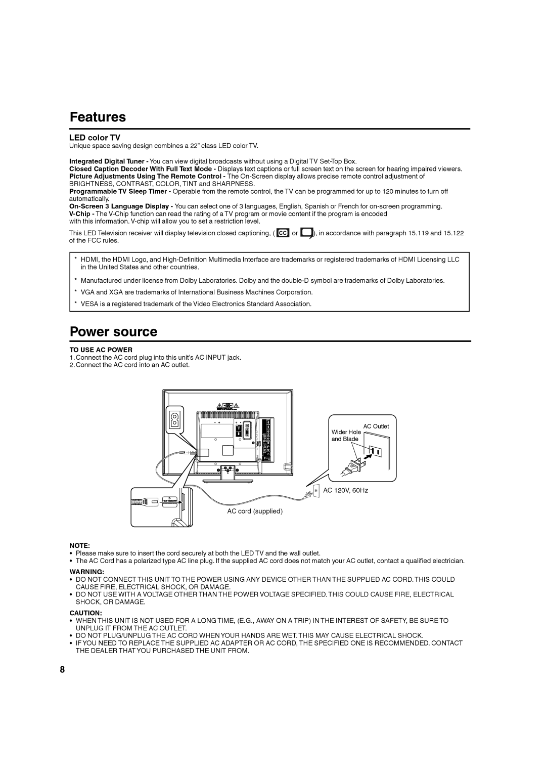 Hitachi LE22S314 manual Features, Power source, To USE AC Power 