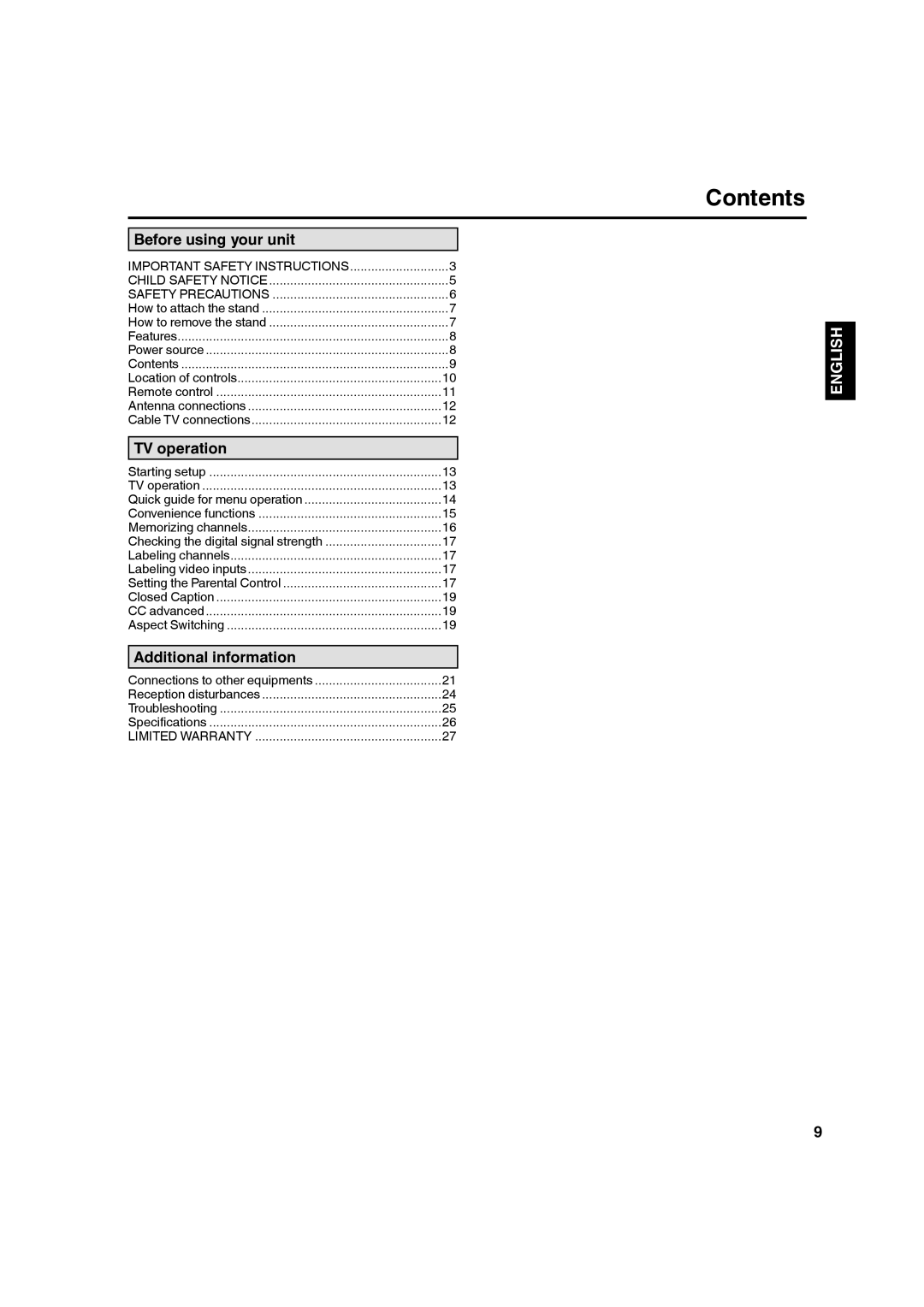 Hitachi LE22S314 manual Contents, Before using your unit 