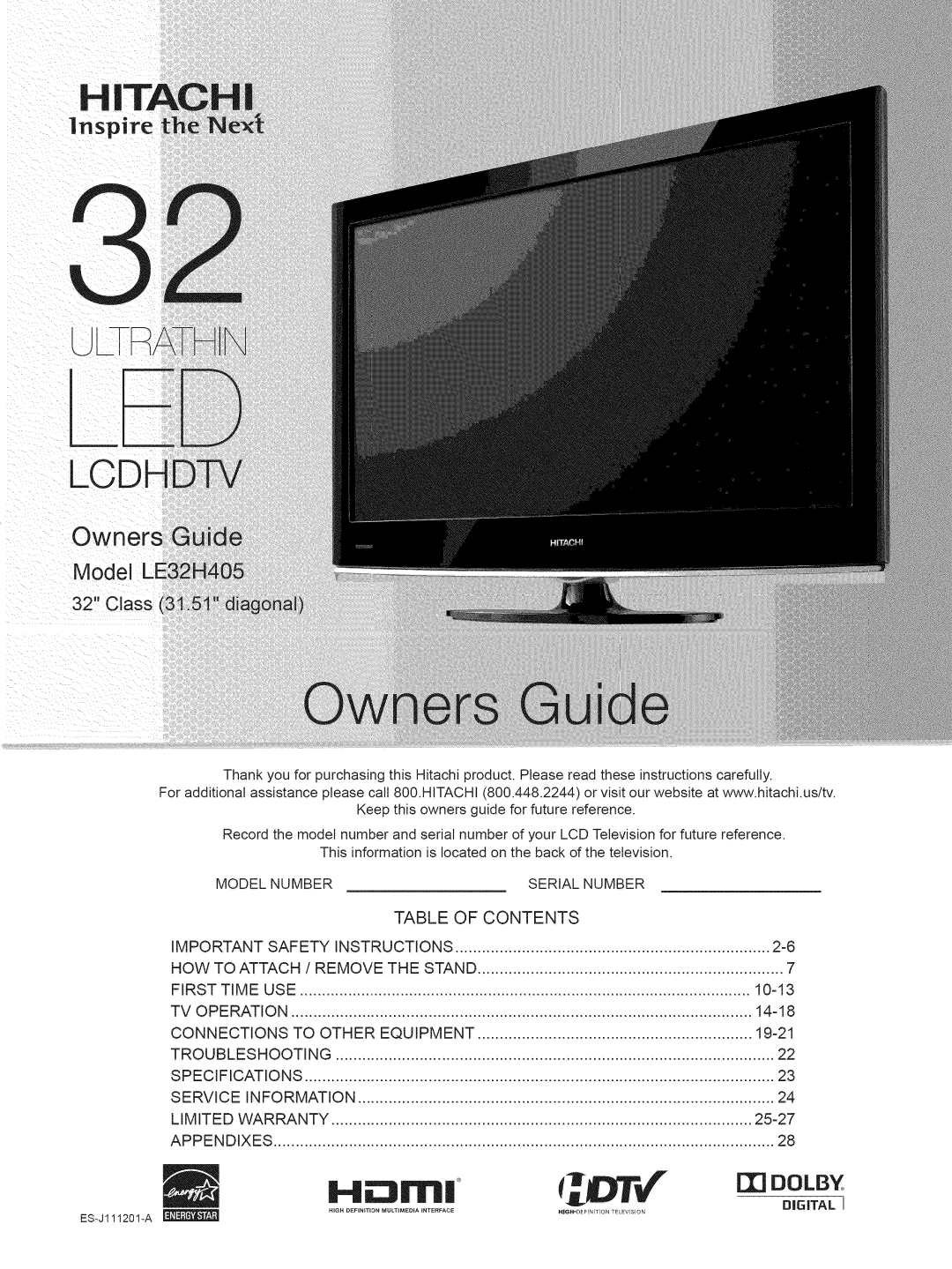 Hitachi LE32H405 important safety instructions Contents Important Safety Instructions, Service, Limited 