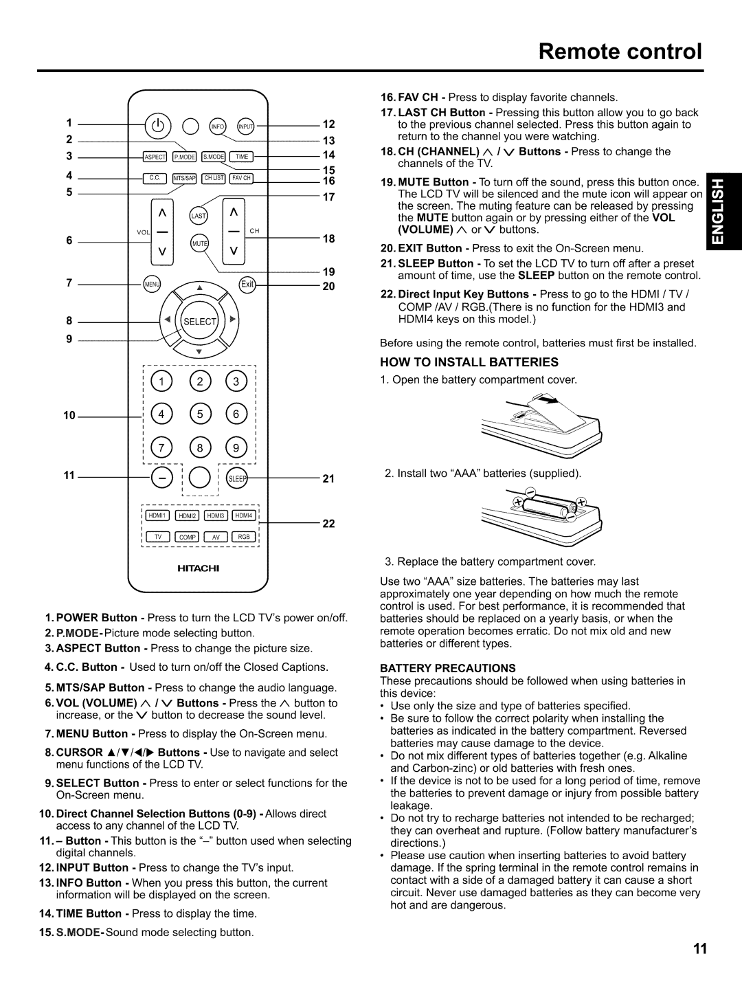 Hitachi LE32H405 important safety instructions Remote control, HOW to Install Batteries, Battery Precautions 