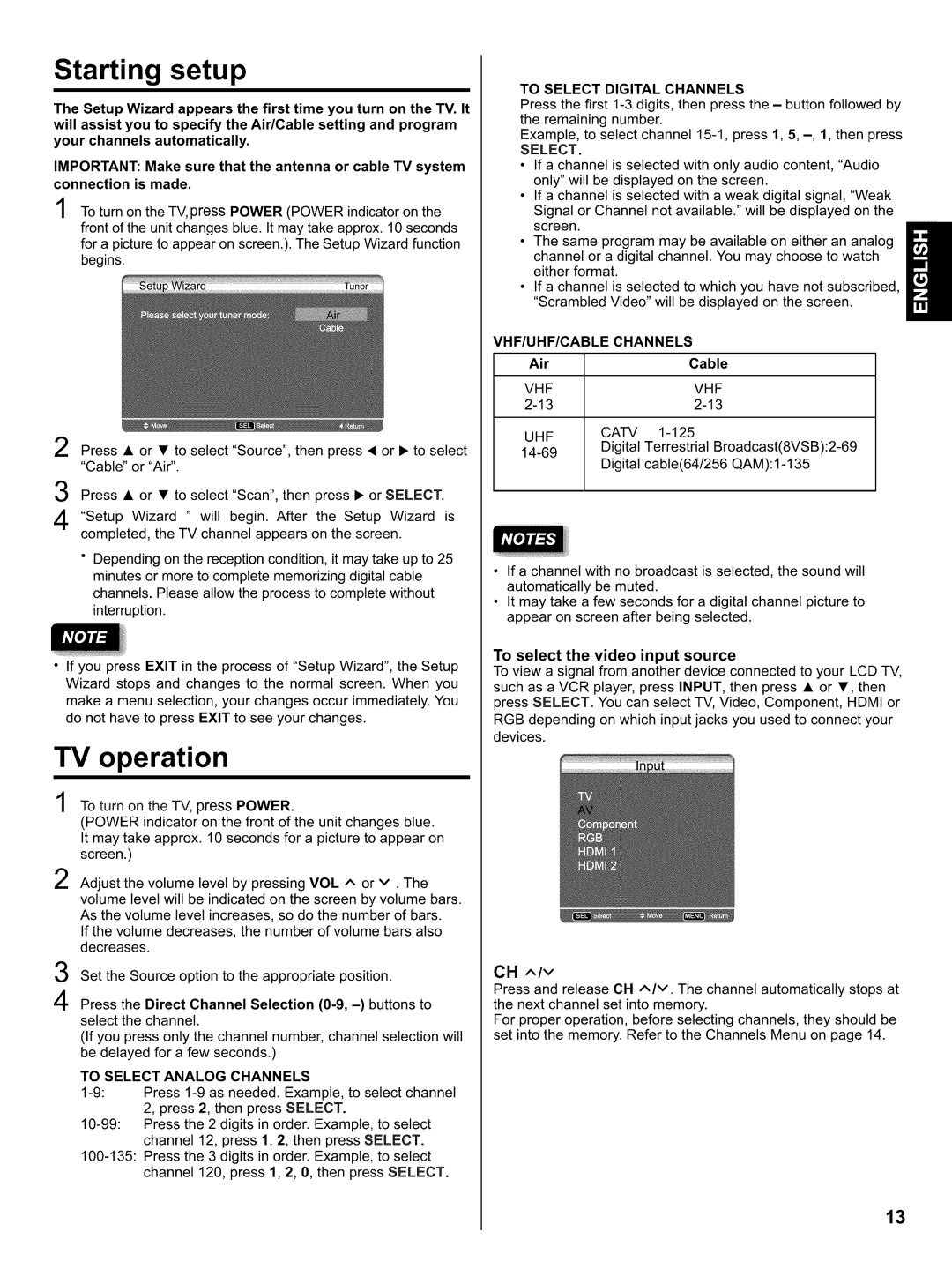 Hitachi LE32H405 Starting setup, TV operation, To Select Digital Channels, VHF/UHF/CABLE Channels 