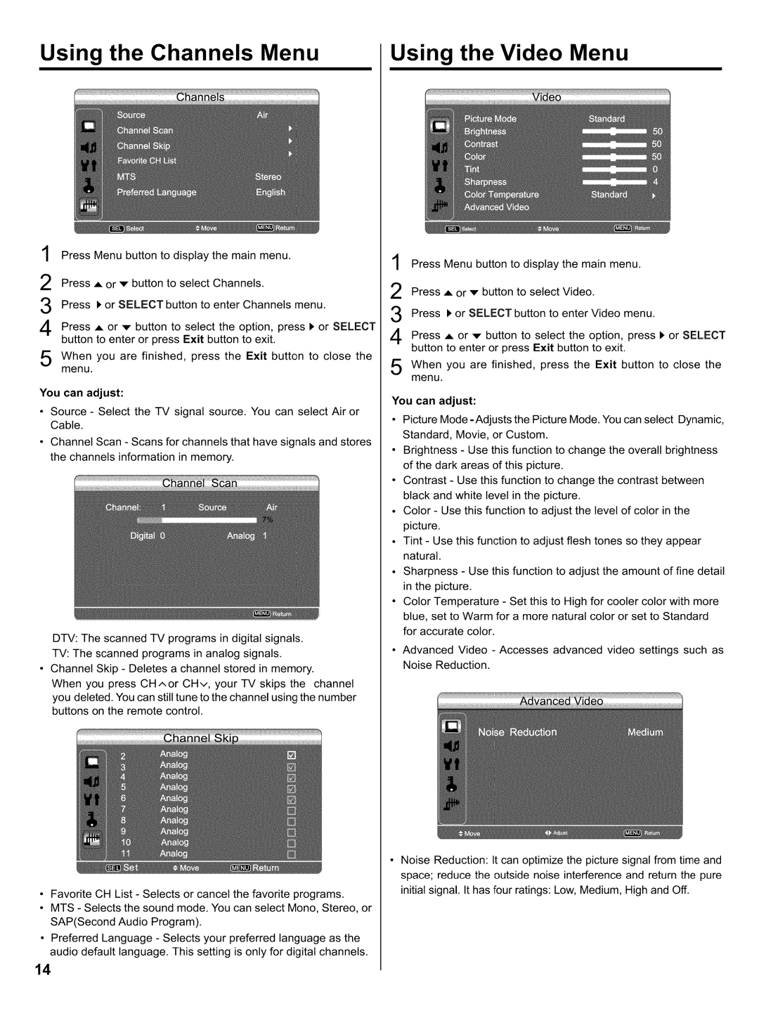 Hitachi LE32H405 important safety instructions Using the Channels Menu Using the Video Menu, You can adjust 