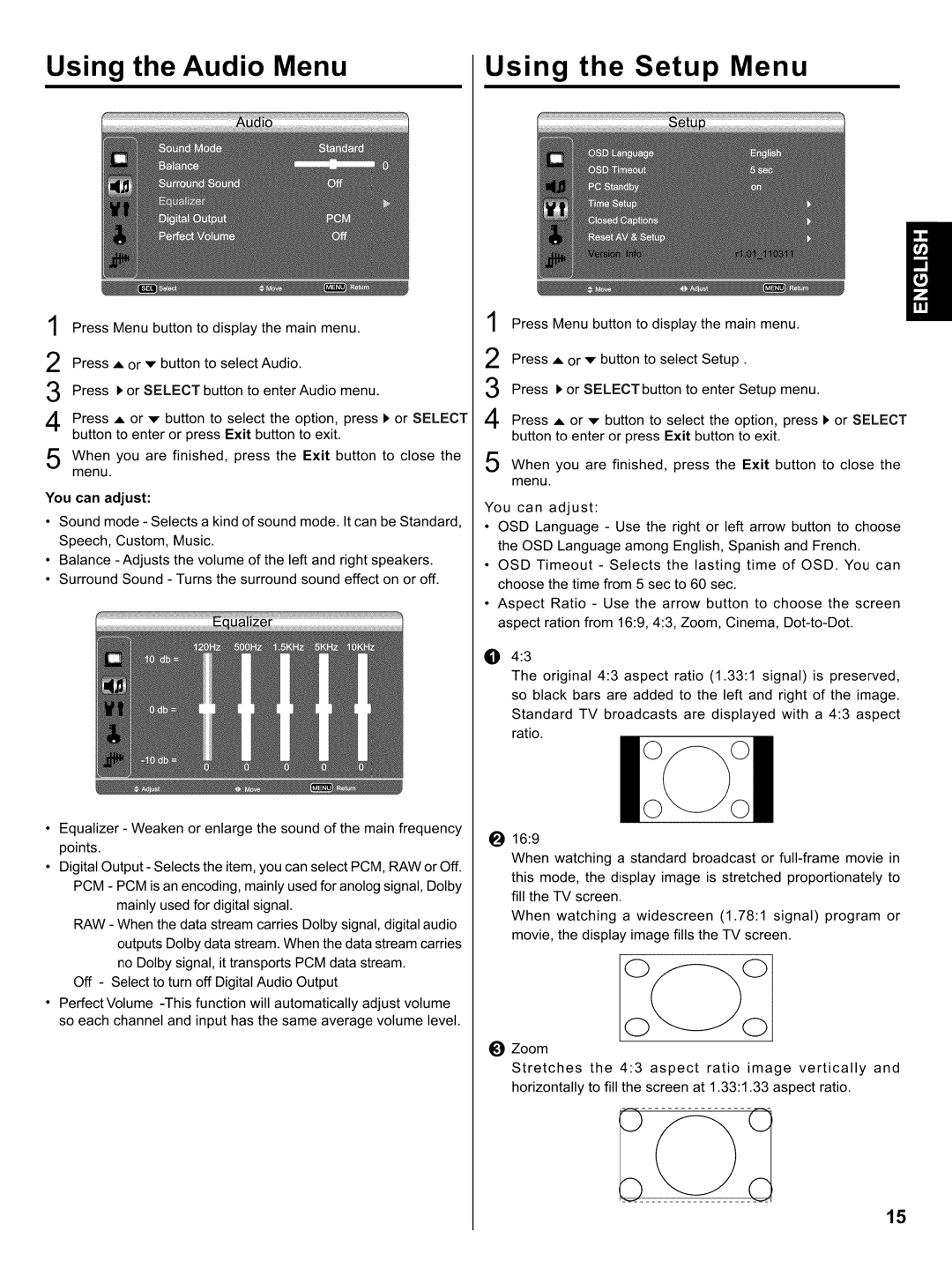 Hitachi LE32H405 important safety instructions Using the Audio Menu, Using the Setup Menu 