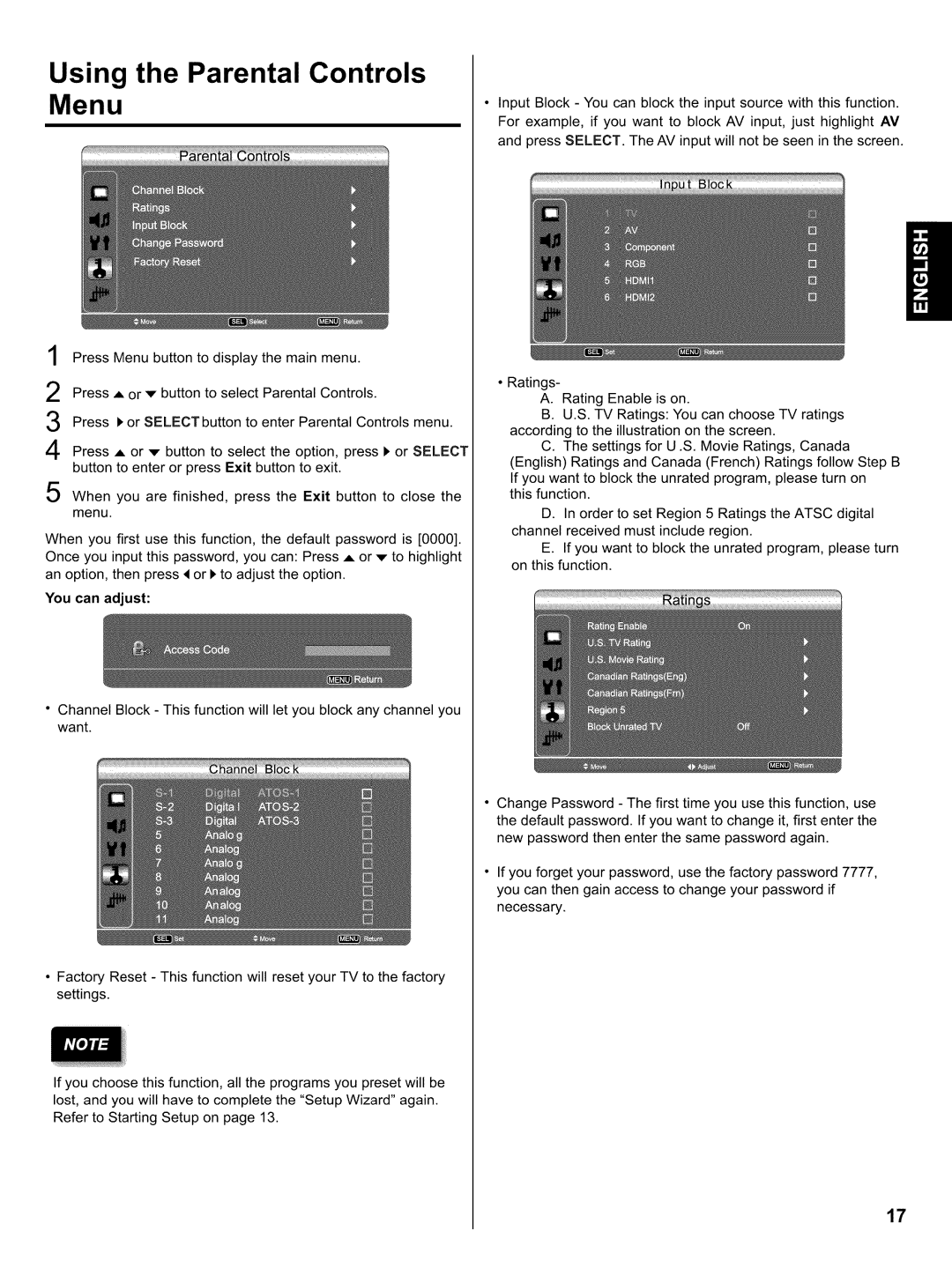 Hitachi LE32H405 important safety instructions Using the Parental Controls Menu, You can adjust 