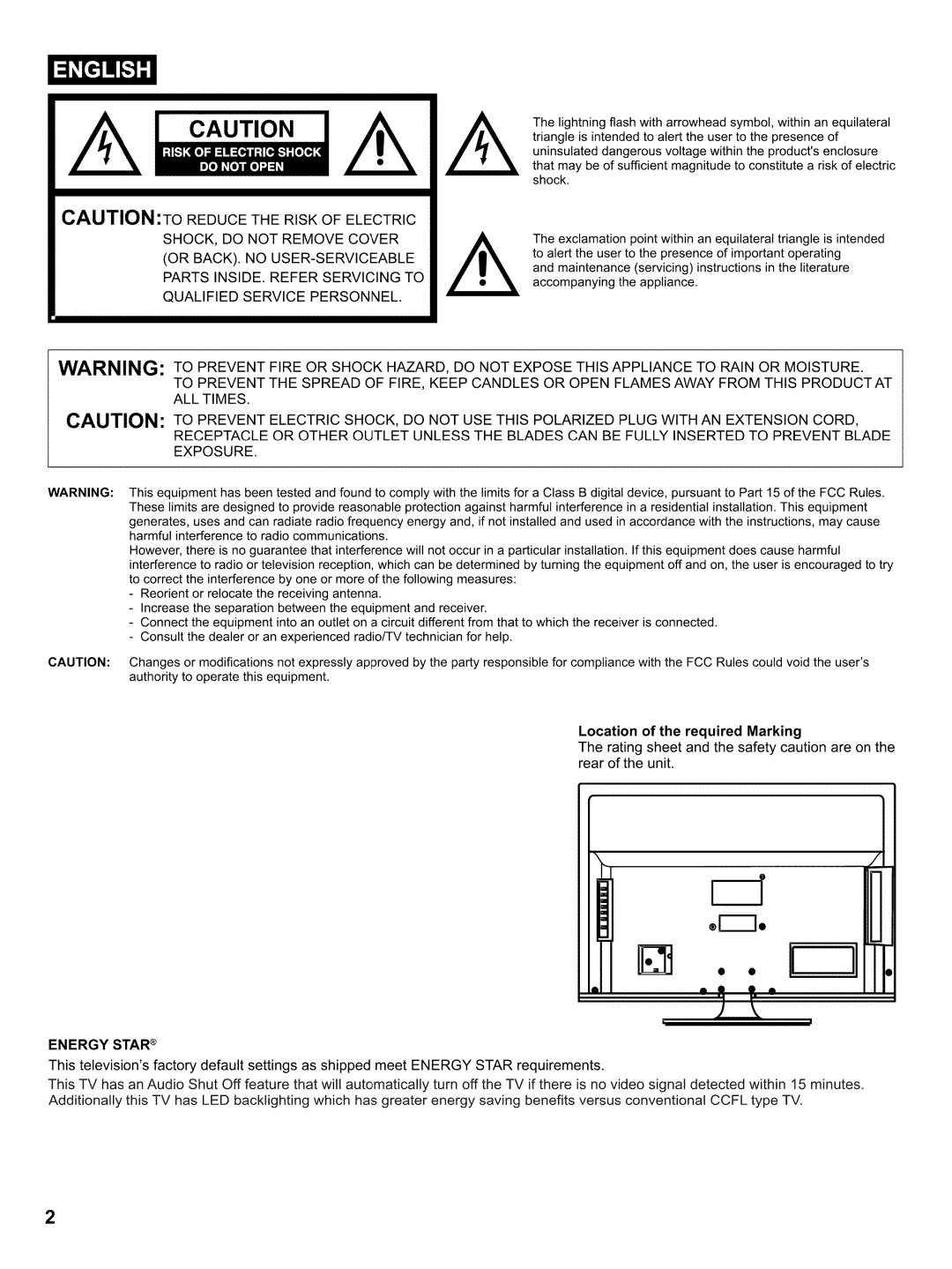 Hitachi LE32H405 important safety instructions Energy Star 