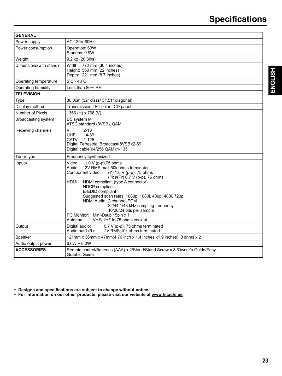 Hitachi LE32H405 important safety instructions Specifications, General 