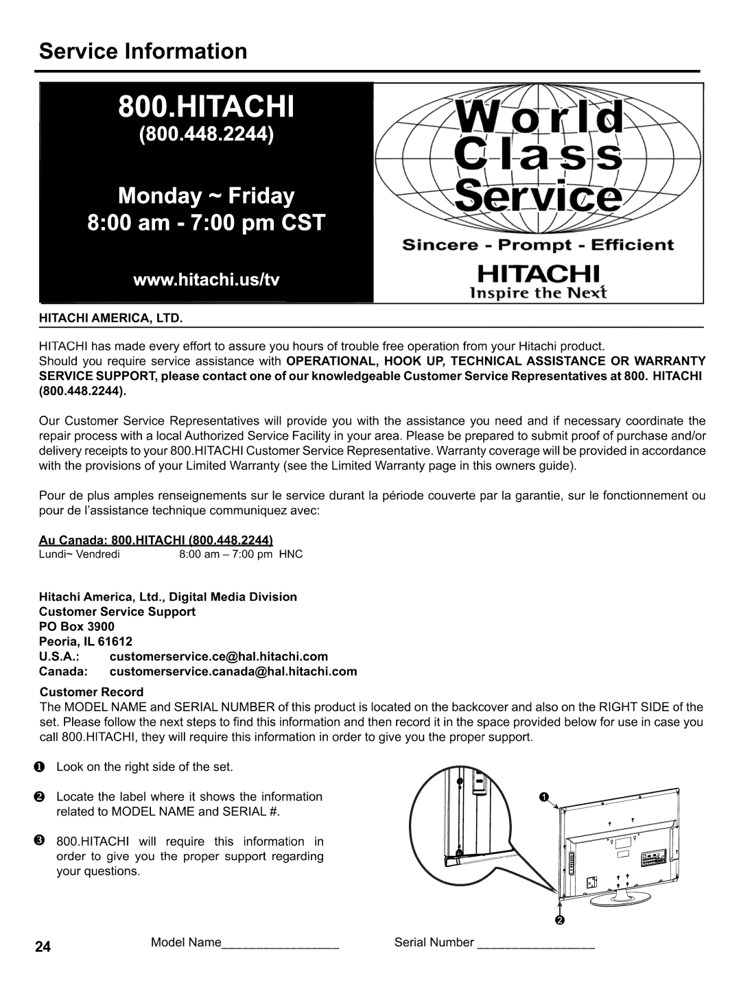 Hitachi LE32H405 important safety instructions Service Information, Au Canada 800.HITACHI, Hitachi 