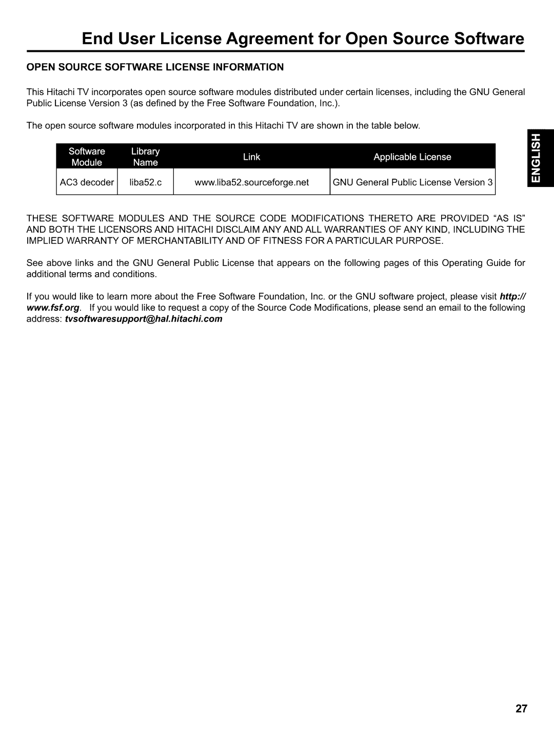 Hitachi LE32H405 End User License Agreement for Open Source Software, Open Source Software License Information 