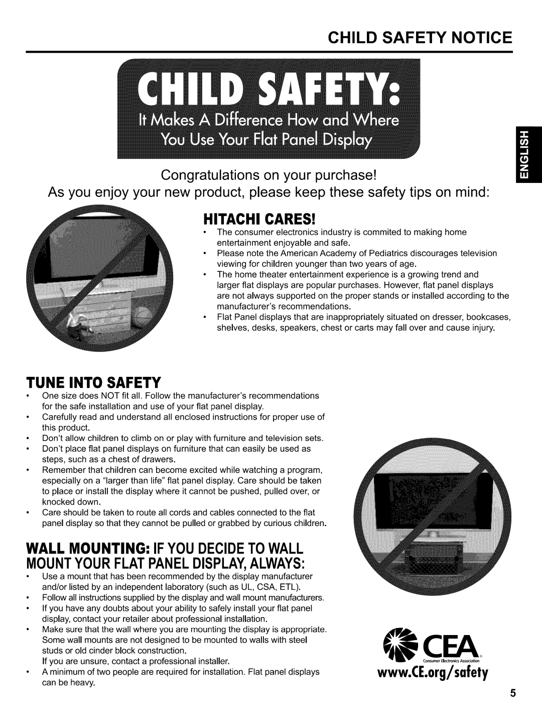 Hitachi LE32H405 important safety instructions Child Safety Notice, If you are unsure, contact a professional installer 