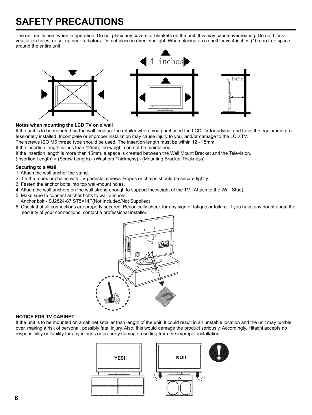 Hitachi LE32H405 important safety instructions Securing to a Wall, Yes 