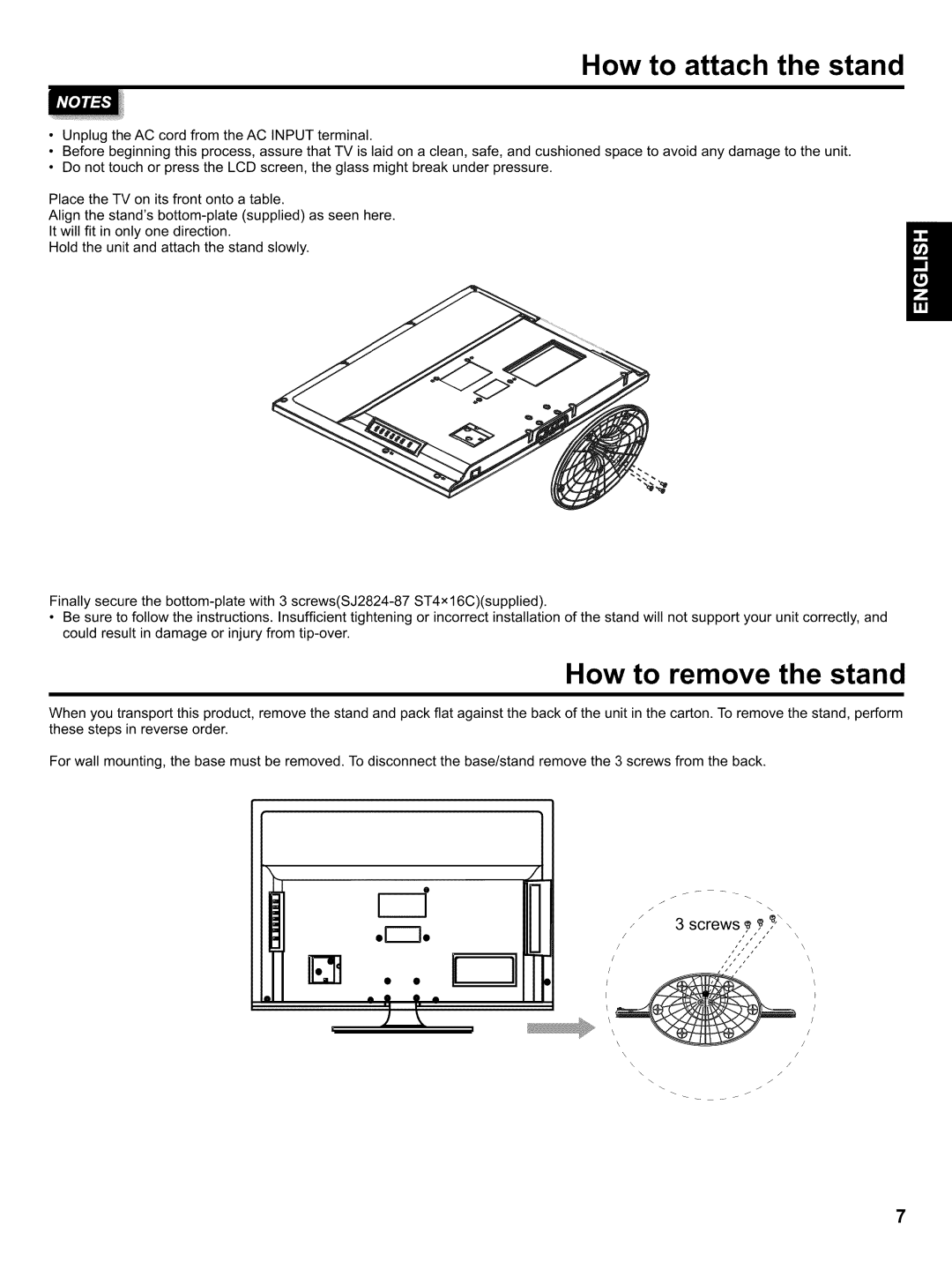 Hitachi LE32H405 important safety instructions How to attach the stand, How to remove the stand 