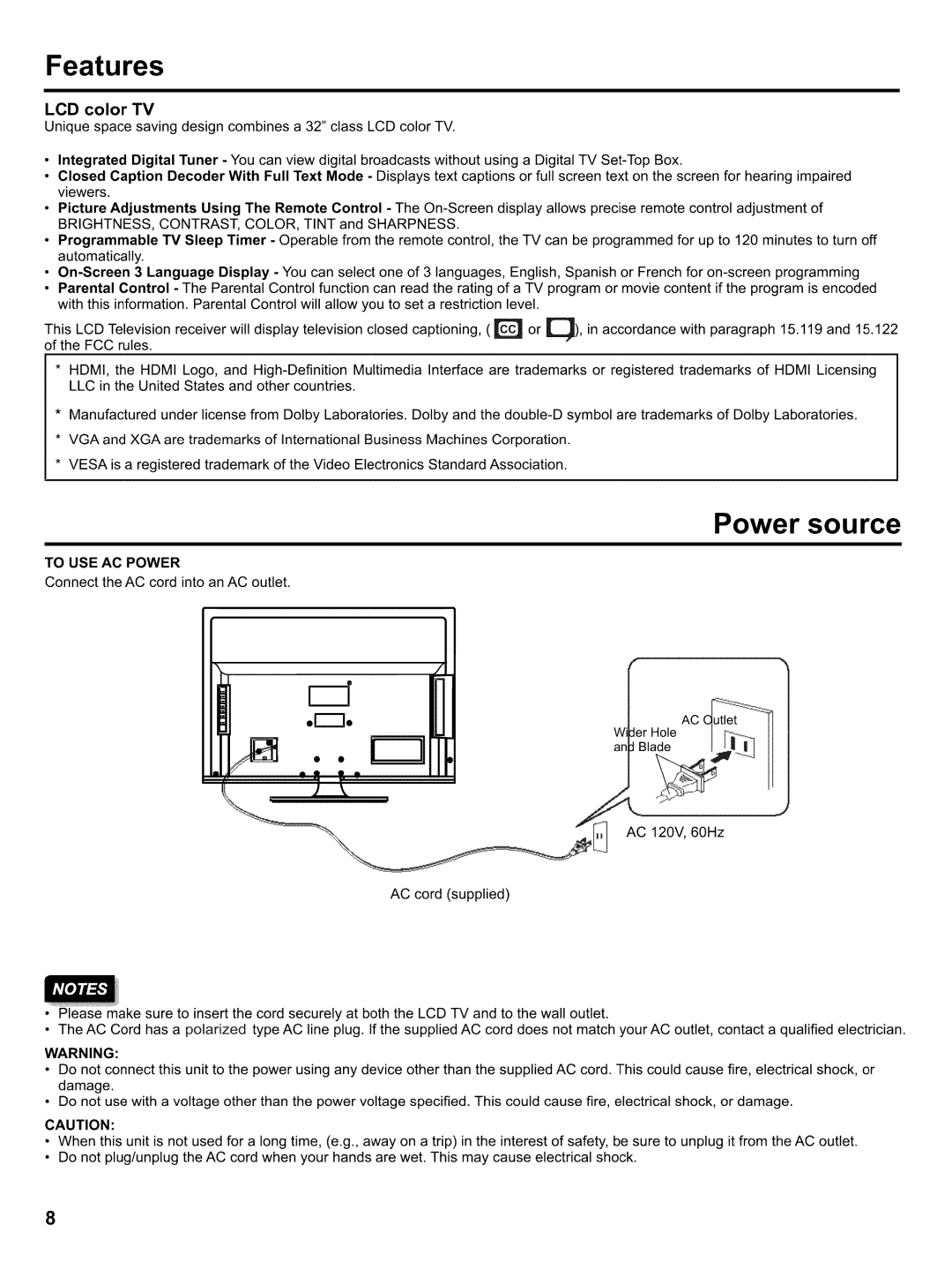 Hitachi LE32H405 important safety instructions Features, Power source, LCD color TV, To USE AC Power 