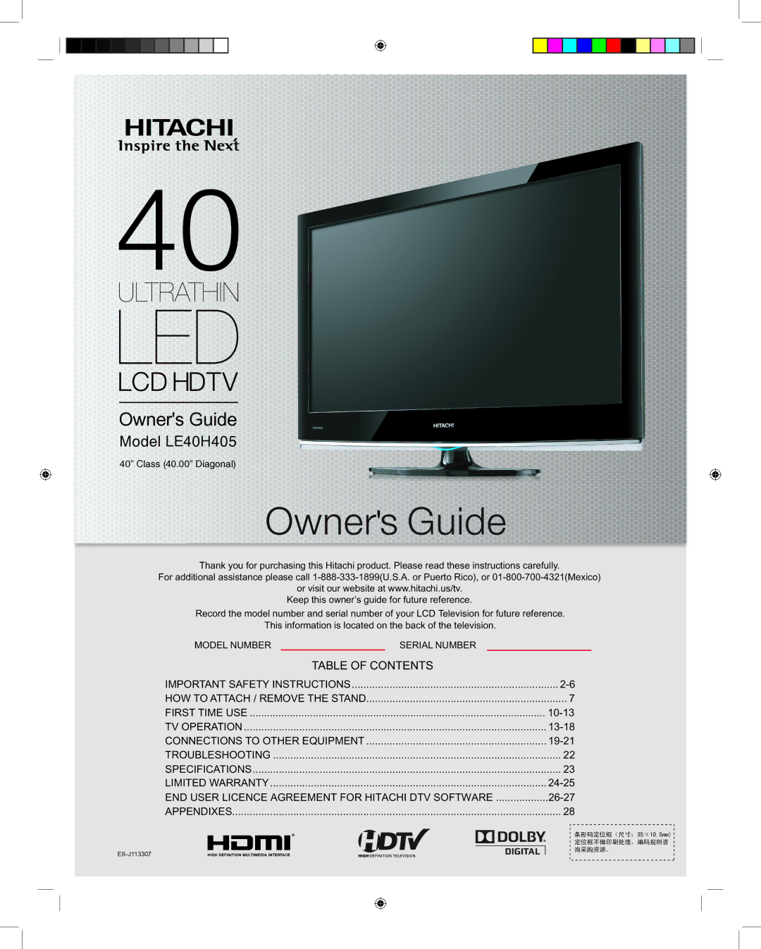 Hitachi LE40H405 important safety instructions Owners Guide 