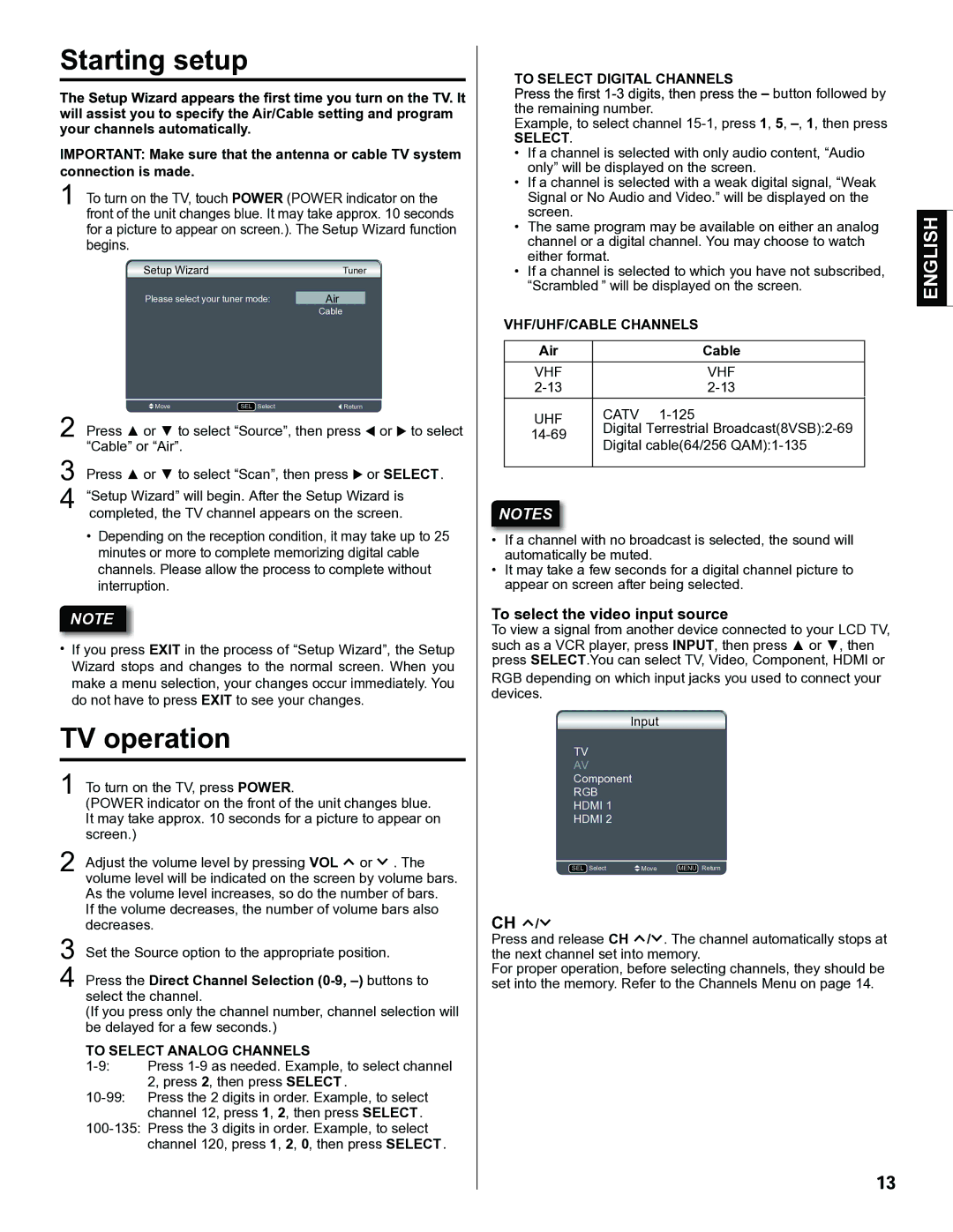 Hitachi LE40H405 important safety instructions Starting setup 