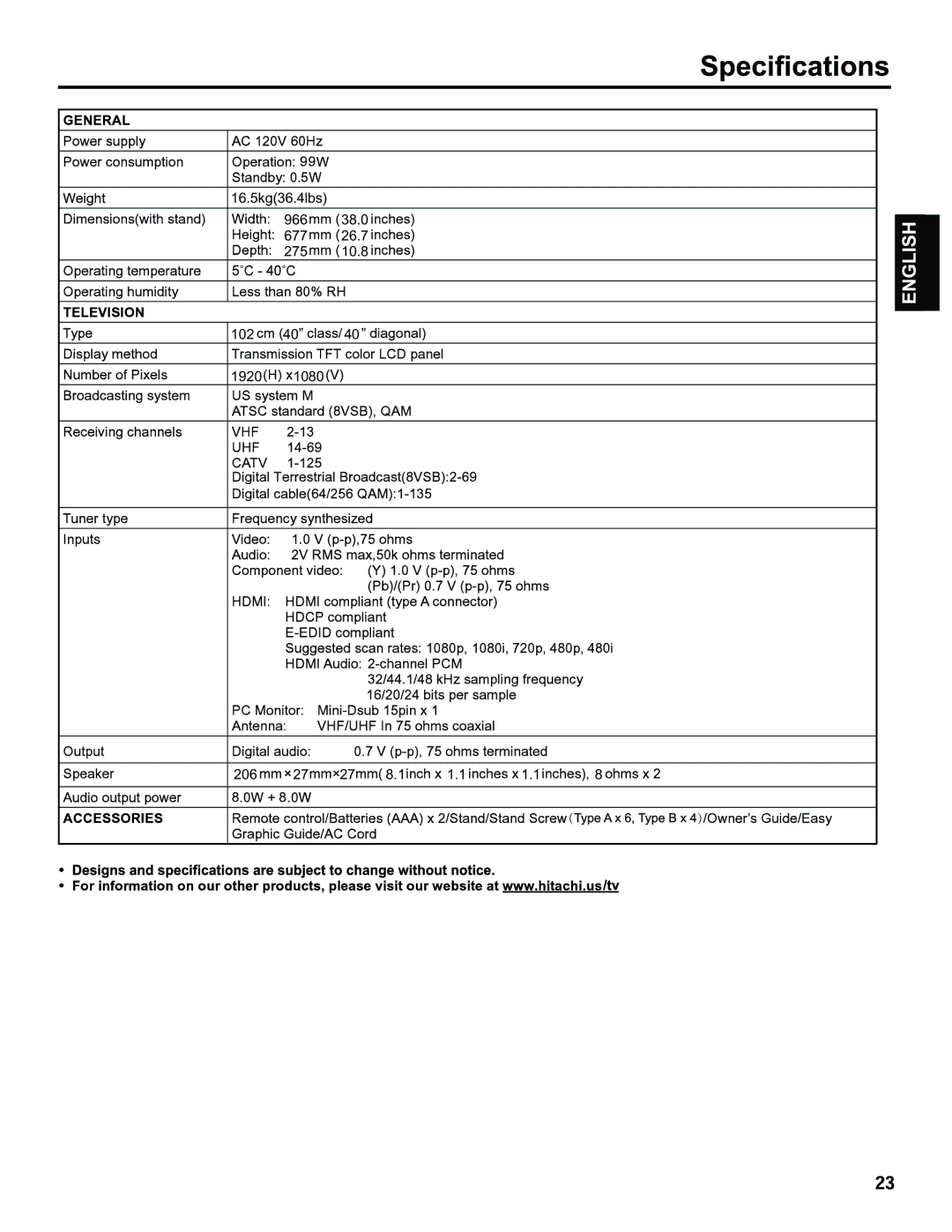 Hitachi LE40H405 important safety instructions 16.5kg36.4lbs 966 677 275 102 40 1920 27 27 8.1 1.1 1.1 