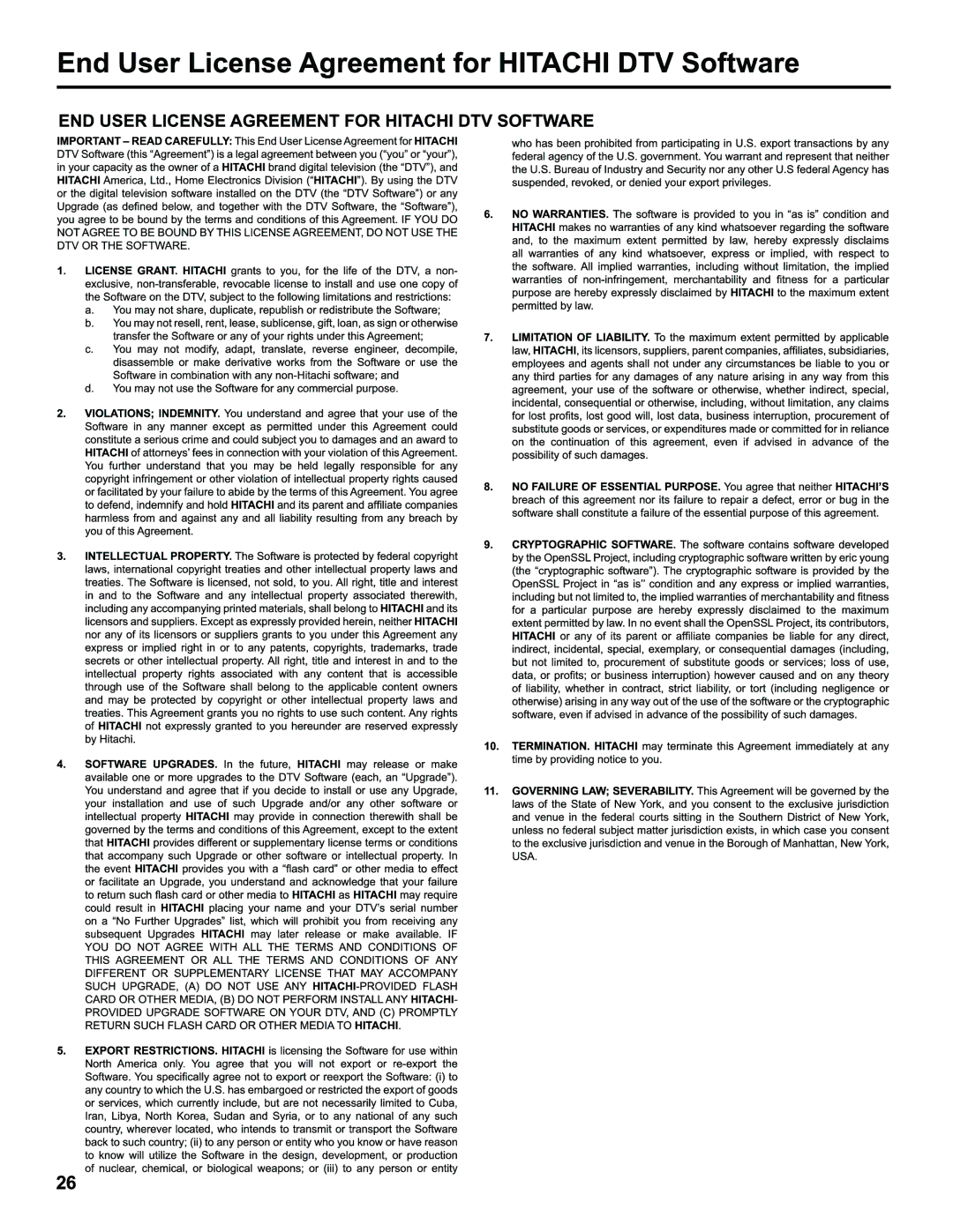 Hitachi LE40H405 important safety instructions 