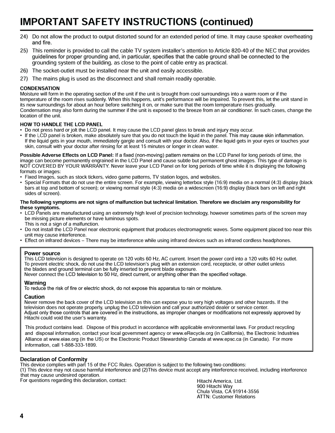 Hitachi LE40H405 important safety instructions 