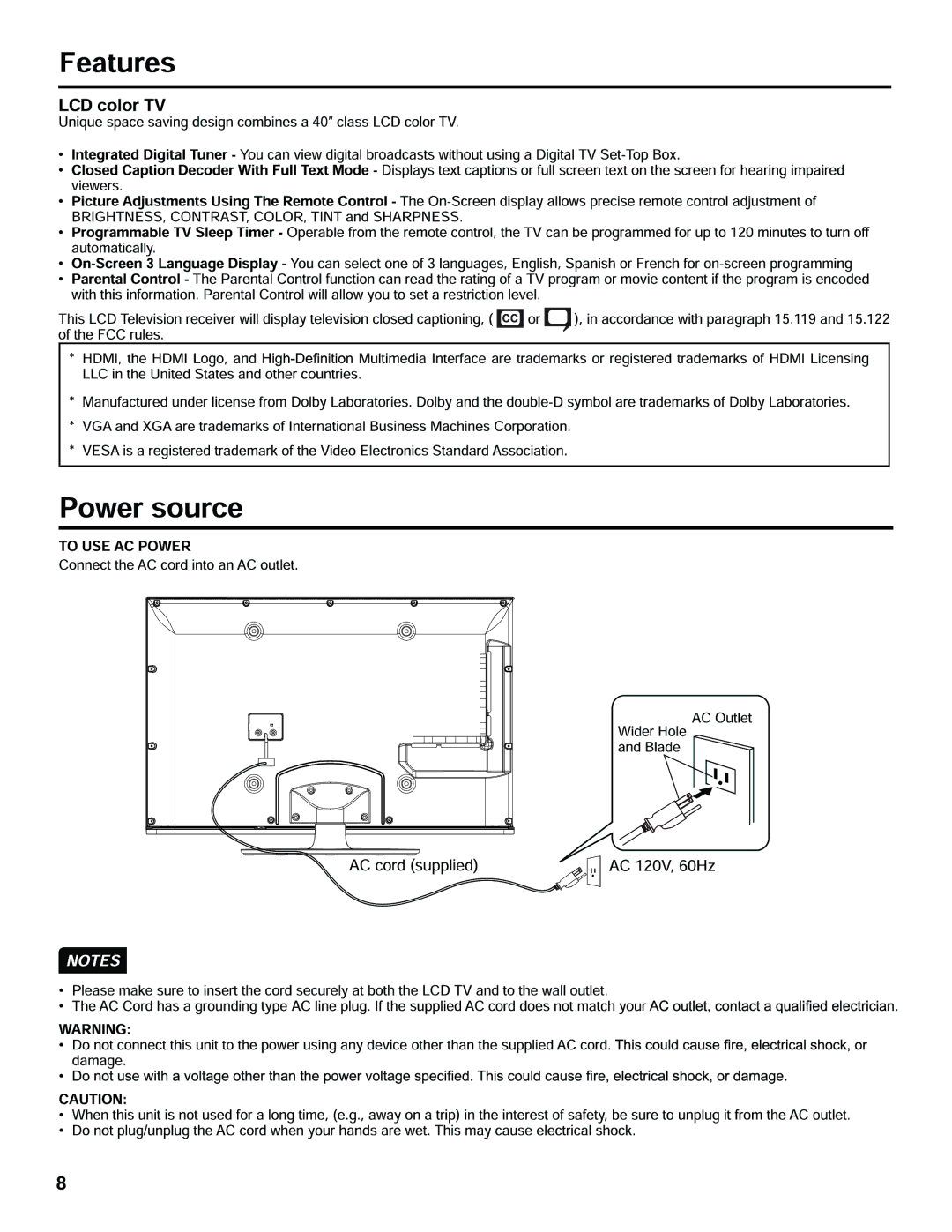 Hitachi LE40H405 important safety instructions 