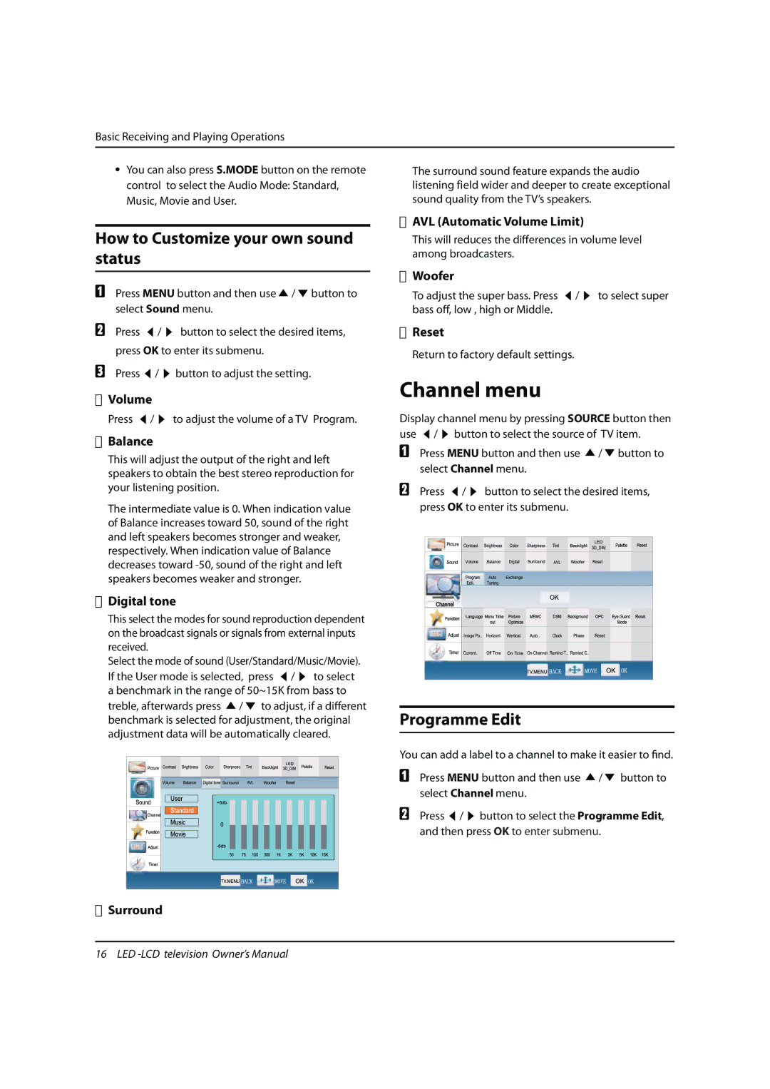 Hitachi LB55R3A, LE55A300, LE32H300, LE42H300, LE32A300 Channel menu, How to Customize your own sound status, Programme Edit 