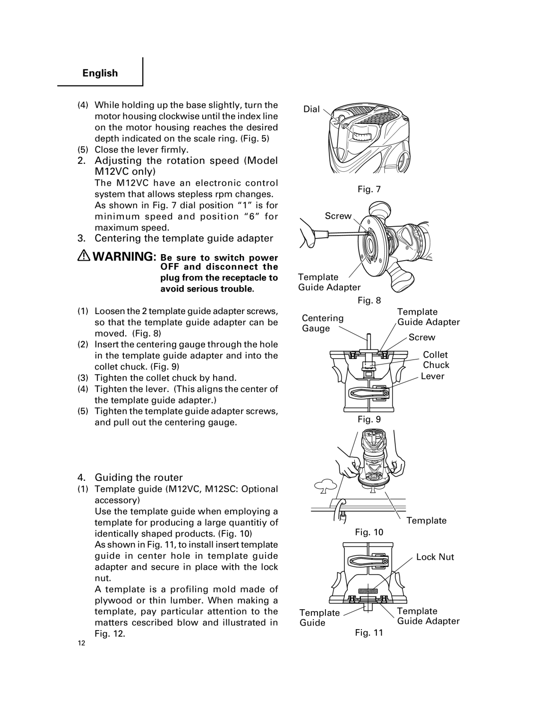 Hitachi M 12VC Adjusting the rotation speed Model M12VC only, Centering the template guide adapter, Guiding the router 