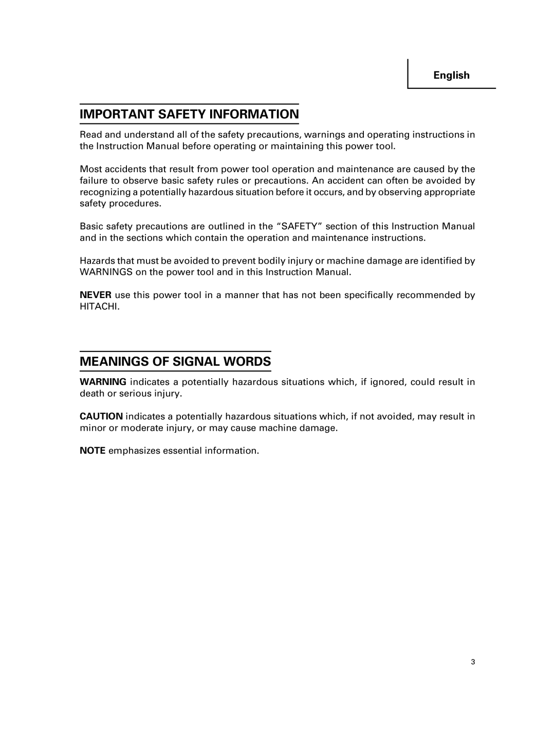 Hitachi KM 12SC, KM 12VC instruction manual Important Safety Information, Meanings of Signal Words 