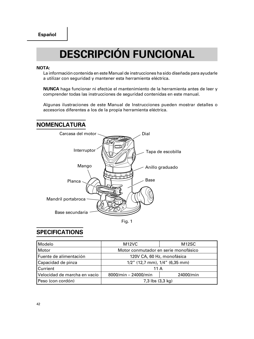 Hitachi KM 12VC, KM 12SC instruction manual DESCRIPCIîN Funcional, Nomenclatura 