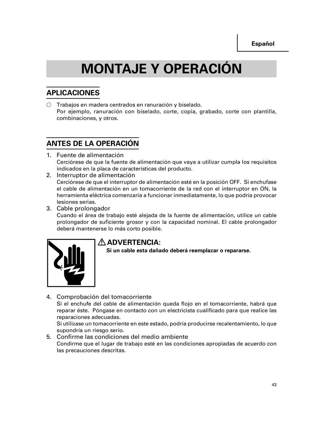 Hitachi KM 12SC, KM 12VC instruction manual Aplicaciones, Antes DE LA OPERACIîN 