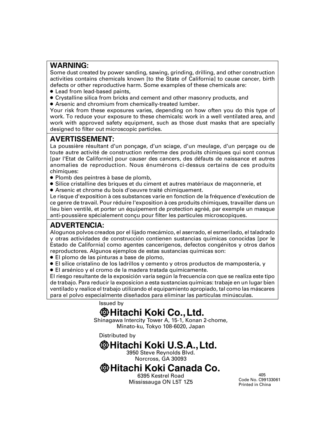 Hitachi KM 12VC, KM 12SC instruction manual Hitachi Koki Canada Co 