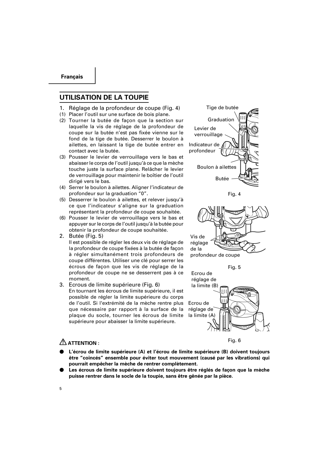 Hitachi KM 12VC, KM 12SC Réglage de la profondeur de coupe Fig, Butée Fig, Ecrous de limite supérieure Fig 