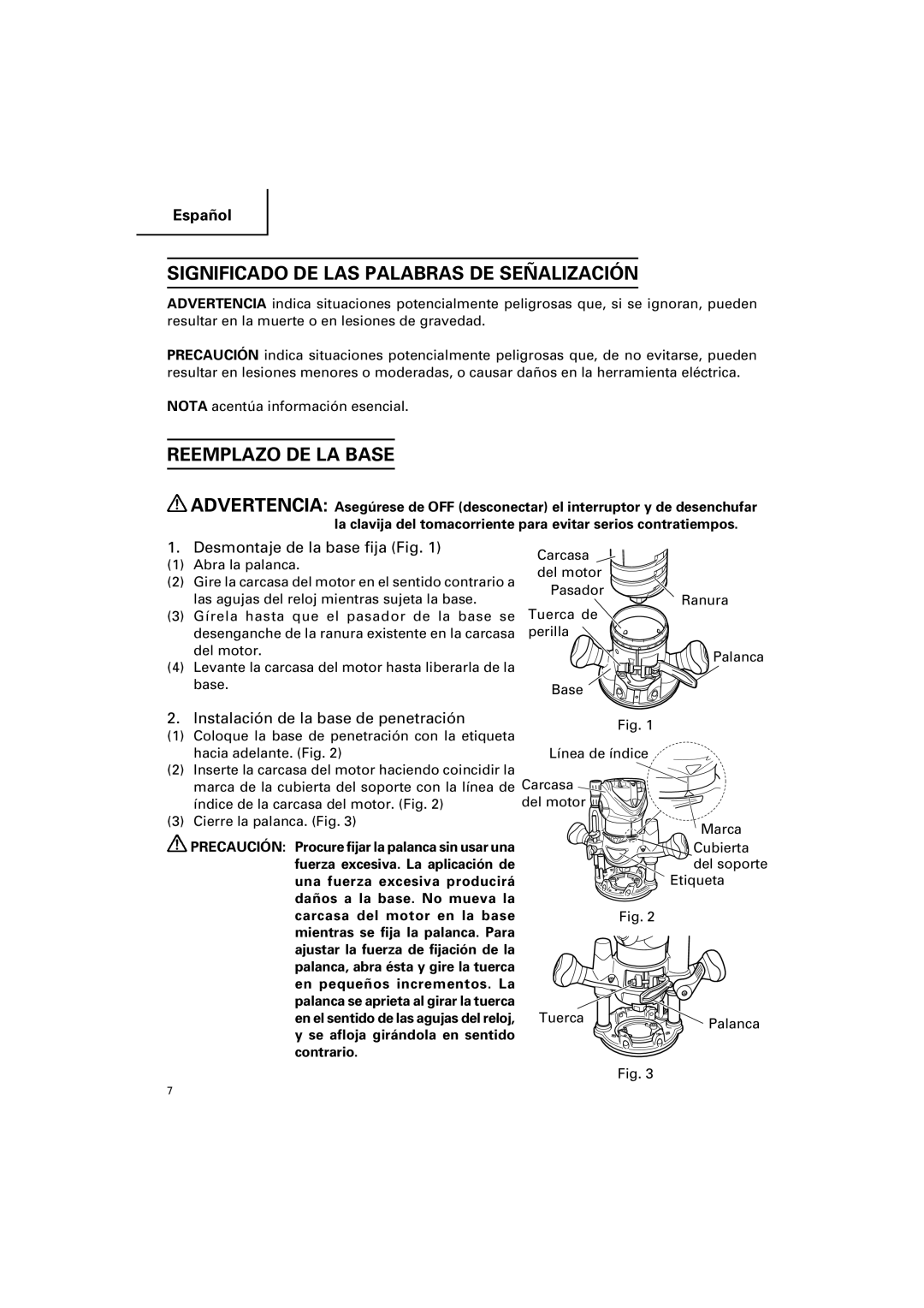 Hitachi KM 12VC Significado DE LAS Palabras DE Señalización, Reemplazo DE LA Base, Desmontaje de la base fija Fig 