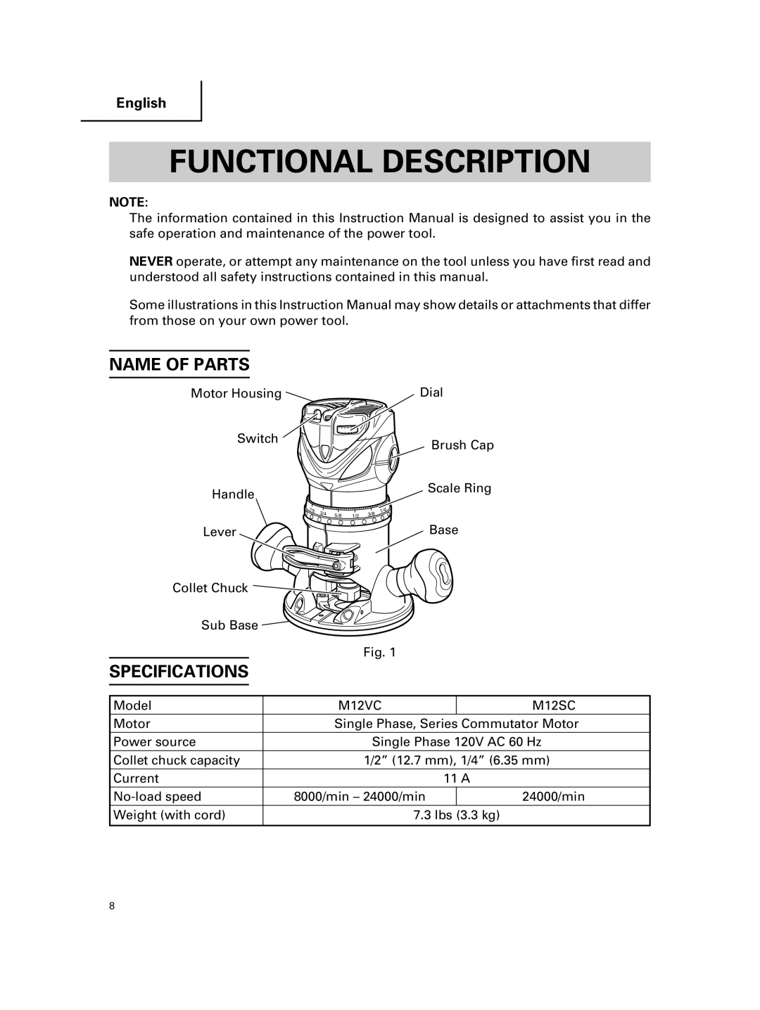 Hitachi KM 12VC, KM 12SC instruction manual Functional Description, Name of Parts, Specifications 