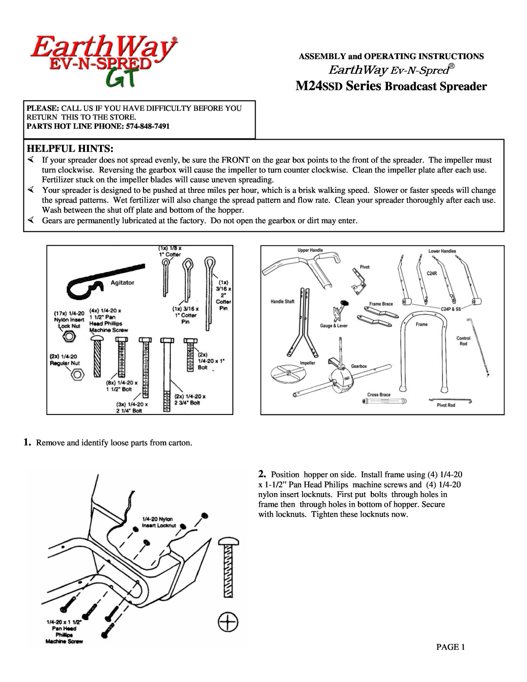 Hitachi manual M24SSD Series Broadcast Spreader, Helpful Hints, ASSEMBLY and OPERATING INSTRUCTIONS 