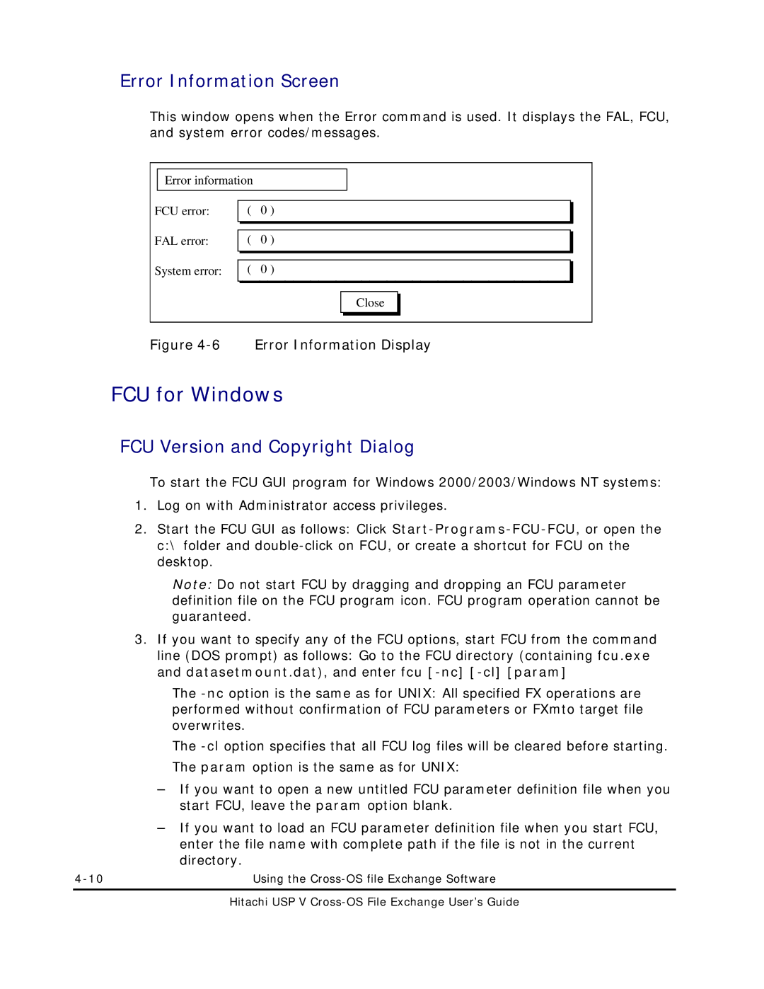 Hitachi MK-96RD647-01 manual FCU for Windows, Error Information Screen, FCU Version and Copyright Dialog 