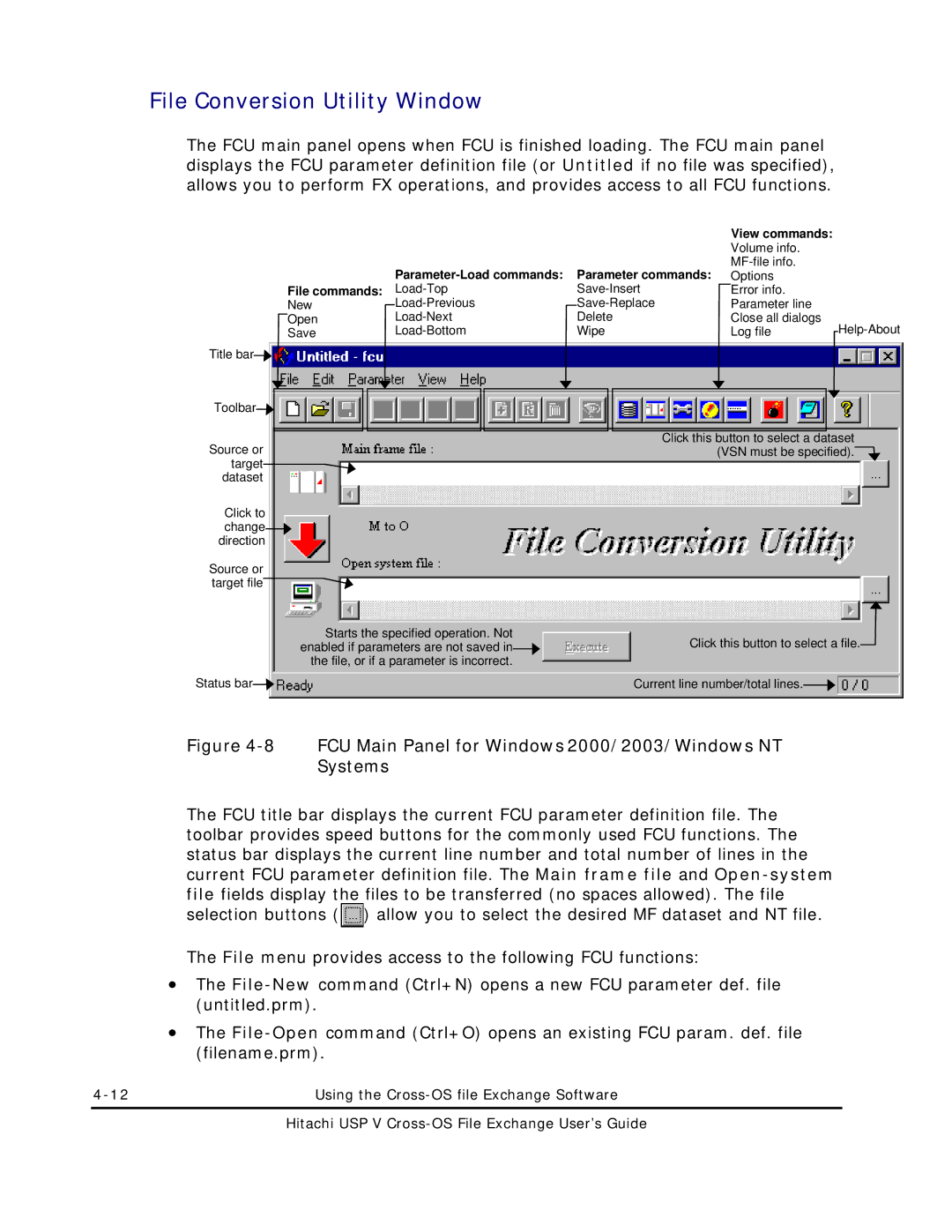 Hitachi MK-96RD647-01 manual File Conversion Utility Window, FCU Main Panel for Windows 2000/2003/Windows NT Systems 