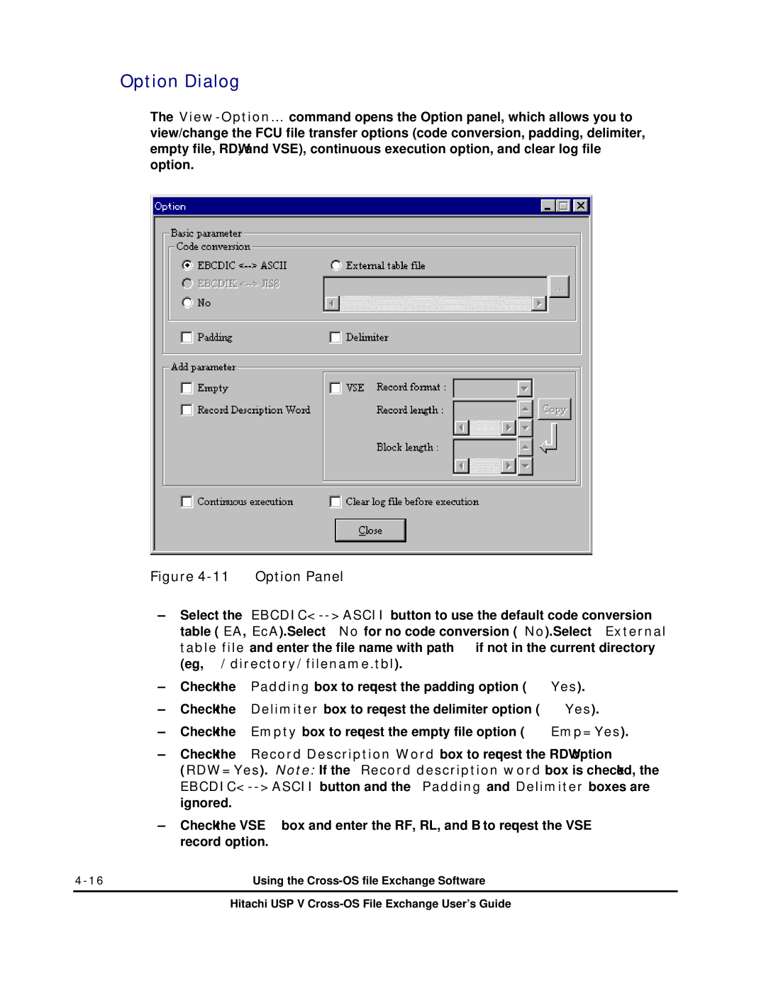 Hitachi MK-96RD647-01 manual Option Dialog, Option Panel 