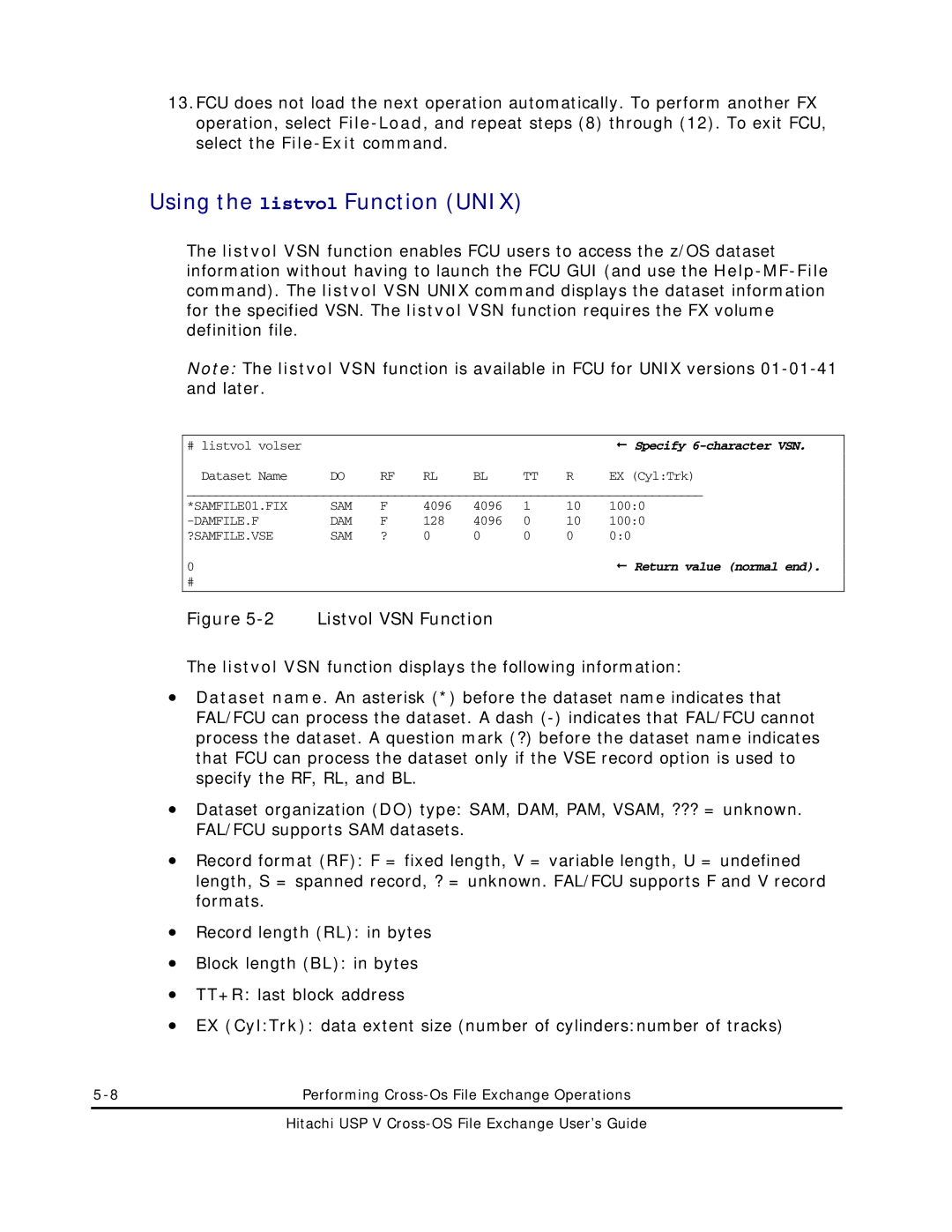 Hitachi MK-96RD647-01 manual Using the listvol Function Unix, Listvol VSN Function 