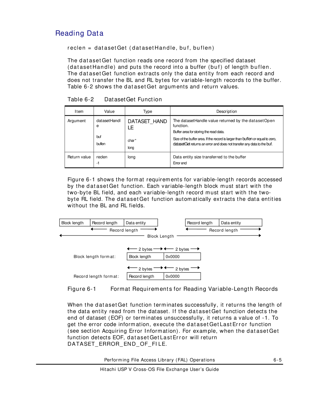 Hitachi MK-96RD647-01 manual Reading Data, DatasetGet Function, Reclen = datasetGet datasetHandle, buf, buflen 