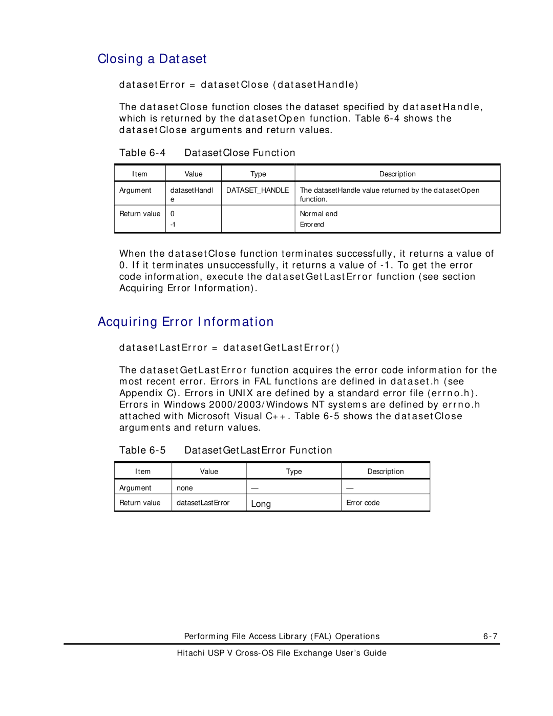 Hitachi MK-96RD647-01 Closing a Dataset, Acquiring Error Information, DatasetClose Function, DatasetGetLastError Function 